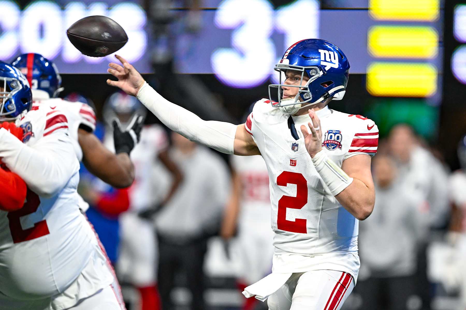 ATLANTA, GA DECEMBER 22: New York quarterback Drew Lock (2) throws a pass during the NFL game between the New York Giants and the Atlanta Falcons on December 22nd, 2024 at Mercedes-Benz Stadium in Atlanta, GA. (Photo by Rich von Biberstein/Icon Sportswire via Getty Images)