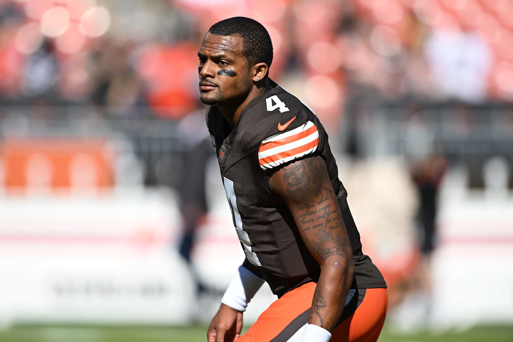 CLEVELAND, OHIO - OCTOBER 20: Deshaun Watson #4 of the Cleveland Browns looks on prior to a game against the Cincinnati Bengals at Huntington Bank Field on October 20, 2024 in Cleveland, Ohio. (Photo by Nick Cammett/Diamond Images via Getty Images)