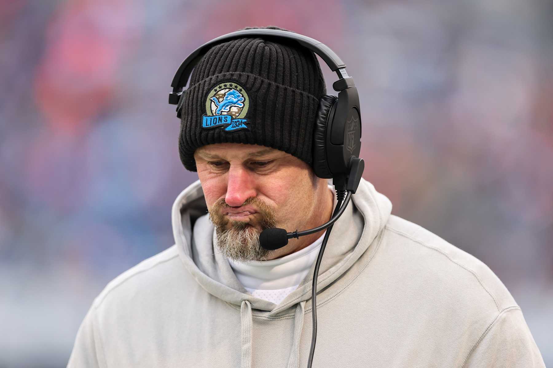 CHICAGO, ILLINOIS - DECEMBER 22: Head coach Dan Campbell of the Detroit Lions looks on during the fourth quarter against the Chicago Bears at Soldier Field on December 22, 2024 in Chicago, Illinois. (Photo by Michael Reaves/Getty Images)