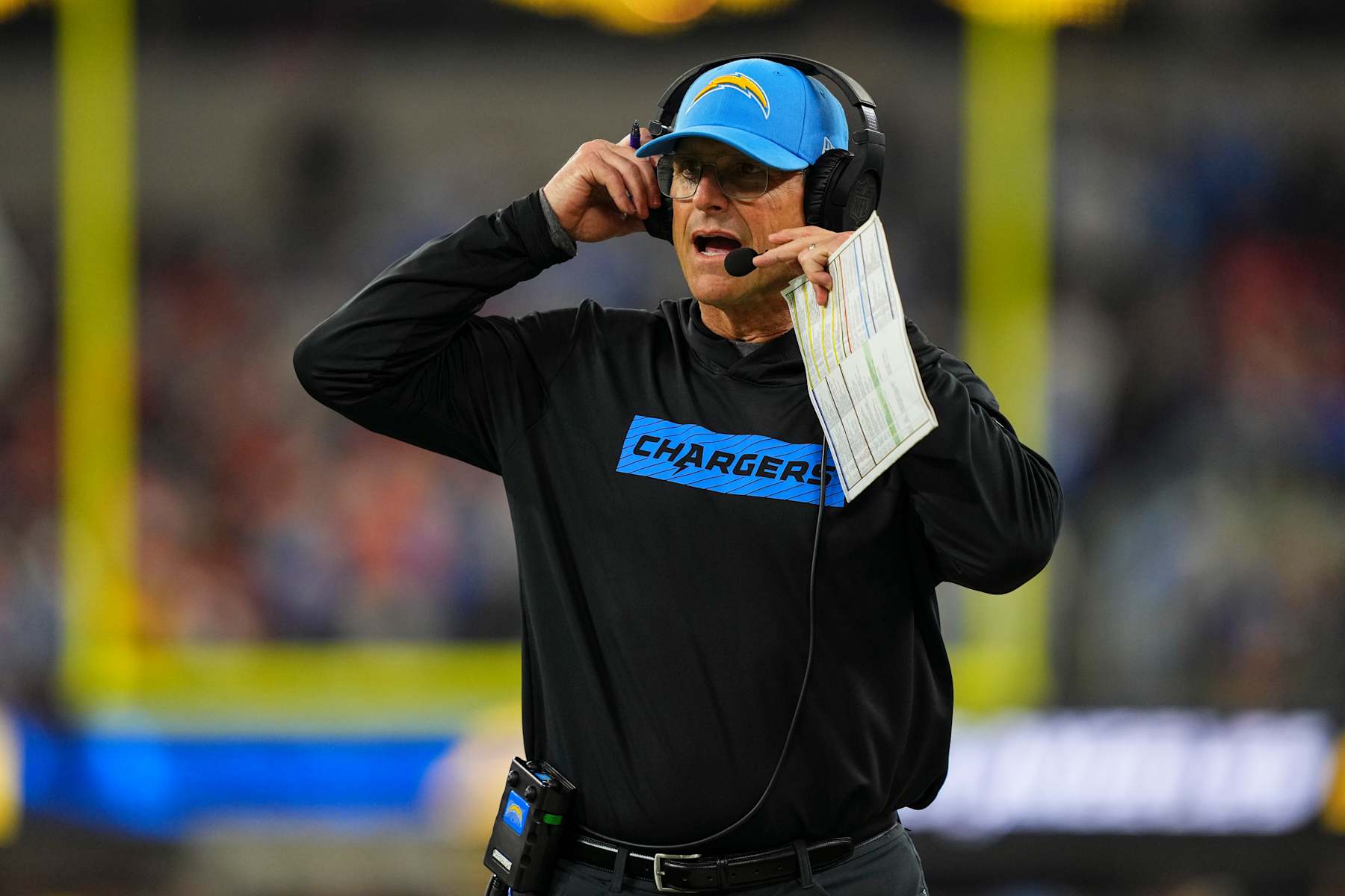 INGLEWOOD, CA - DECEMBER 19: Los Angeles Chargers head coach Jim Harbaugh looks on from the sideline during an NFL football game against the Denver Broncos at SoFi Stadium on December 19, 2024 in Inglewood, California. (Photo by Cooper Neill/Getty Images)