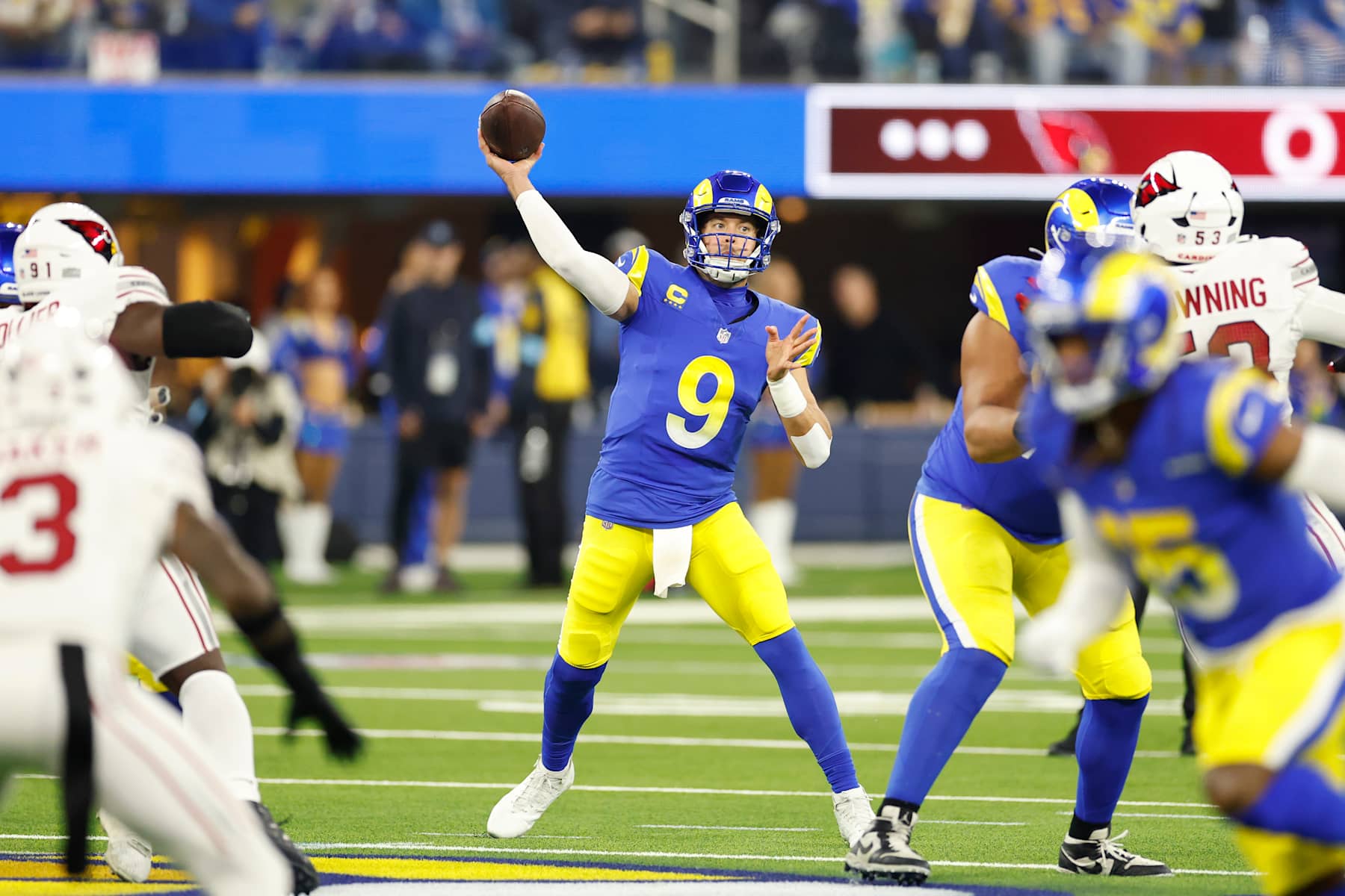 INGLEWOOD, CALIFORNIA - DECEMBER 28: Matthew Stafford #9 of the Los Angeles Rams throws a pass against the Arizona Cardinals during the first quarter at SoFi Stadium on December 28, 2024 in Inglewood, California. (Photo by Ronald Martinez/Getty Images)