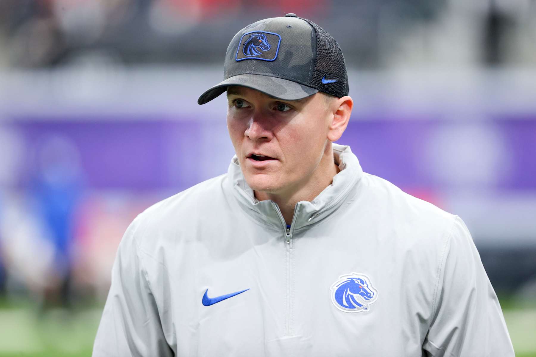 LAS VEGAS, NEVADA - DECEMBER 02: Interim head coach Spencer Danielson of the Boise State Broncos looks on prior to a game against the UNLV Rebels during the Mountain West Football Championship at Allegiant Stadium on December 02, 2023 in Las Vegas, Nevada. (Photo by Ian Maule/Getty Images)