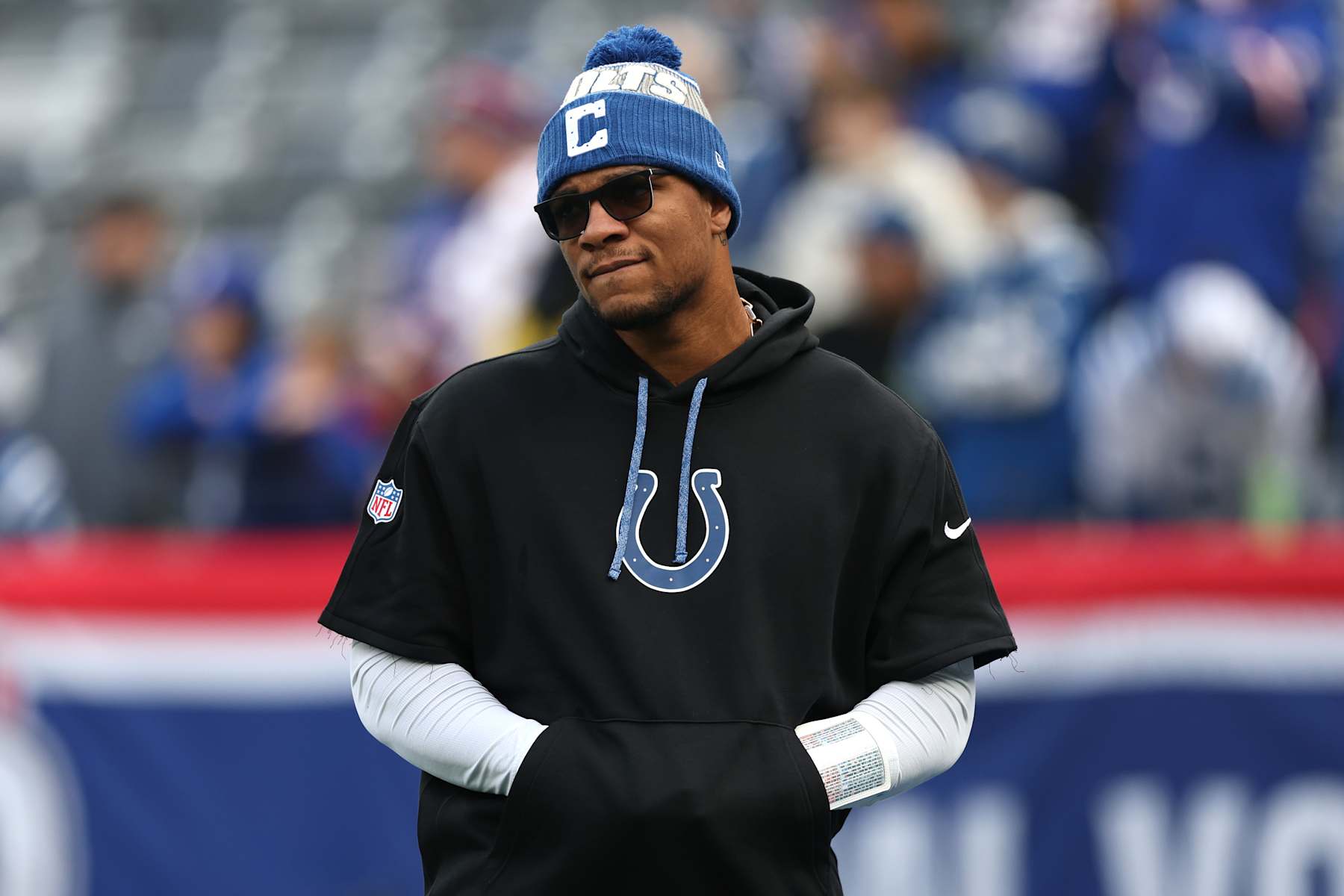 EAST RUTHERFORD, NEW JERSEY - DECEMBER 29: Quarterback Anthony Richardson #5 of the Indianapolis Colts warms up prior to a game against the New York Giants at MetLife Stadium on December 29, 2024 in East Rutherford, New Jersey. (Photo by Luke Hales/Getty Images)