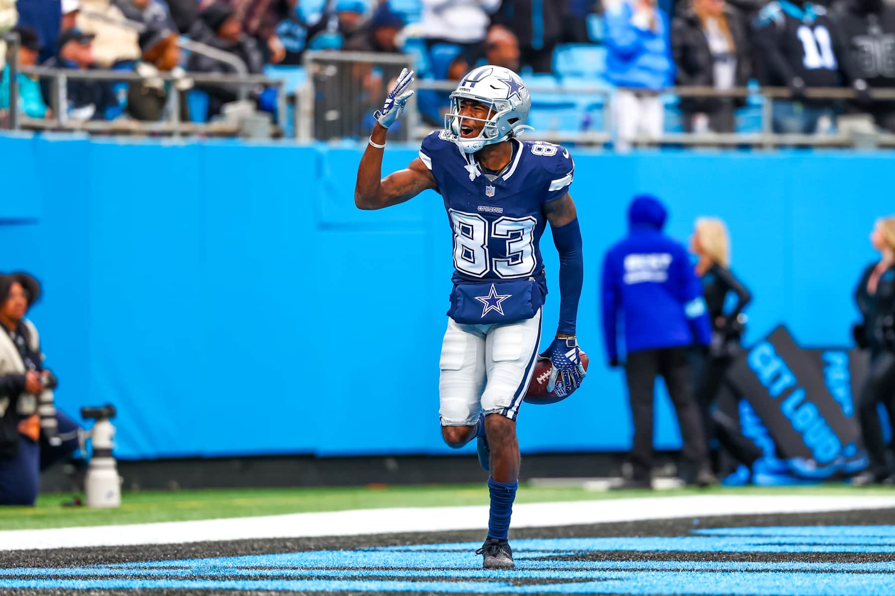 CHARLOTTE, NC - DECEMBER 15: Jalen Brooks #83 of the Dallas Cowboys reacts after a touchdown during the second half of a football game against the Carolina Panthers at Bank of America Stadium on December 15, 2024 in Charlotte, North Carolina. (Photo by David Jensen/Icon Sportswire via Getty Images)