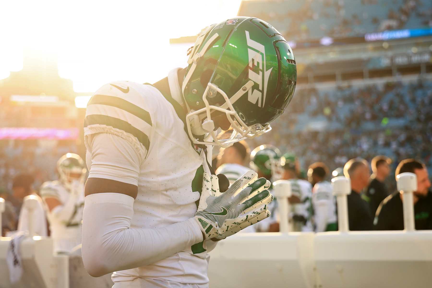 JACKSONVILLE, FLORIDA - DECEMBER 15: Sauce Gardner #1 of the New York Jets reacts to an interception against the Jacksonville Jaguars during the fourth quarter at EverBank Stadium on December 15, 2024 in Jacksonville, Florida. (Photo by Mike Ehrmann/Getty Images)