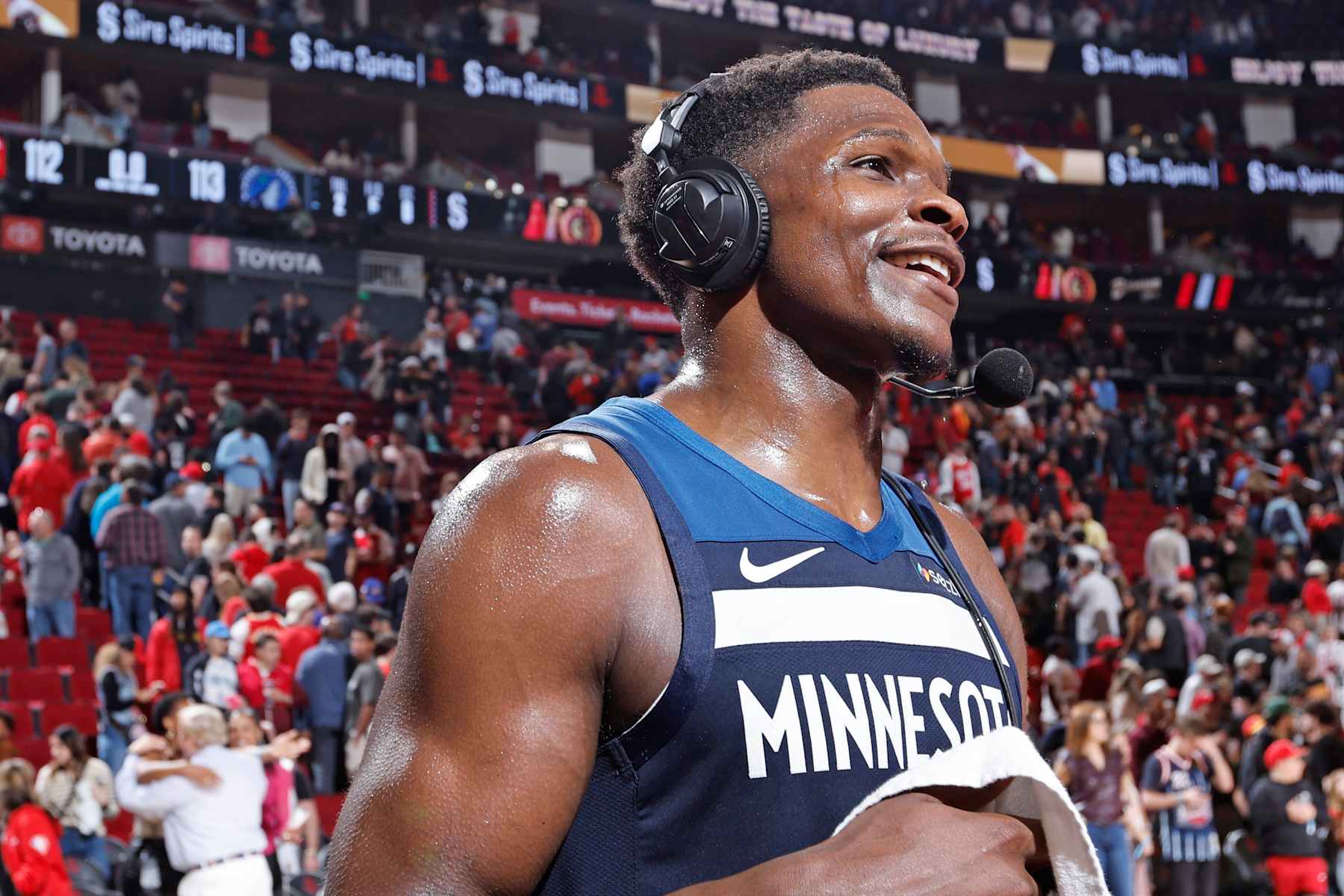 HOUSTON, TX - DECEMBER 27:  Anthony Edwards #5 of the Minnesota Timberwolves talks to the media after the game against the Houston Rockets on December 27, 2024 at the Toyota Center in Houston, Texas. NOTE TO USER: User expressly acknowledges and agrees that, by downloading and or using this photograph, User is consenting to the terms and conditions of the Getty Images License Agreement. Mandatory Copyright Notice: Copyright 2024 NBAE (Photo by Logan Riely/NBAE via Getty Images)