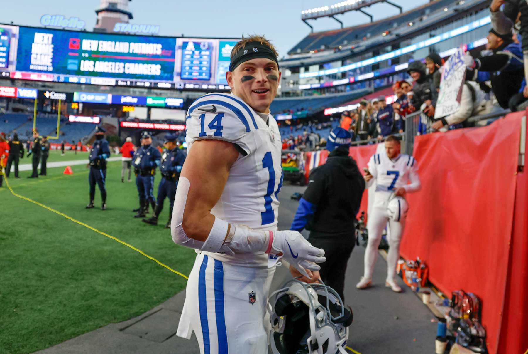 FOXBOROUGH, MA - DECEMBER 01: Indianapolis Colts wide receiver Alec Pierce (14) after a game between the New England Patriots and the Indianapolis Colts on December 1, 2024, at Gillette Stadium in Foxborough, Massachusetts. (Photo by Fred Kfoury III/Icon Sportswire via Getty Images)