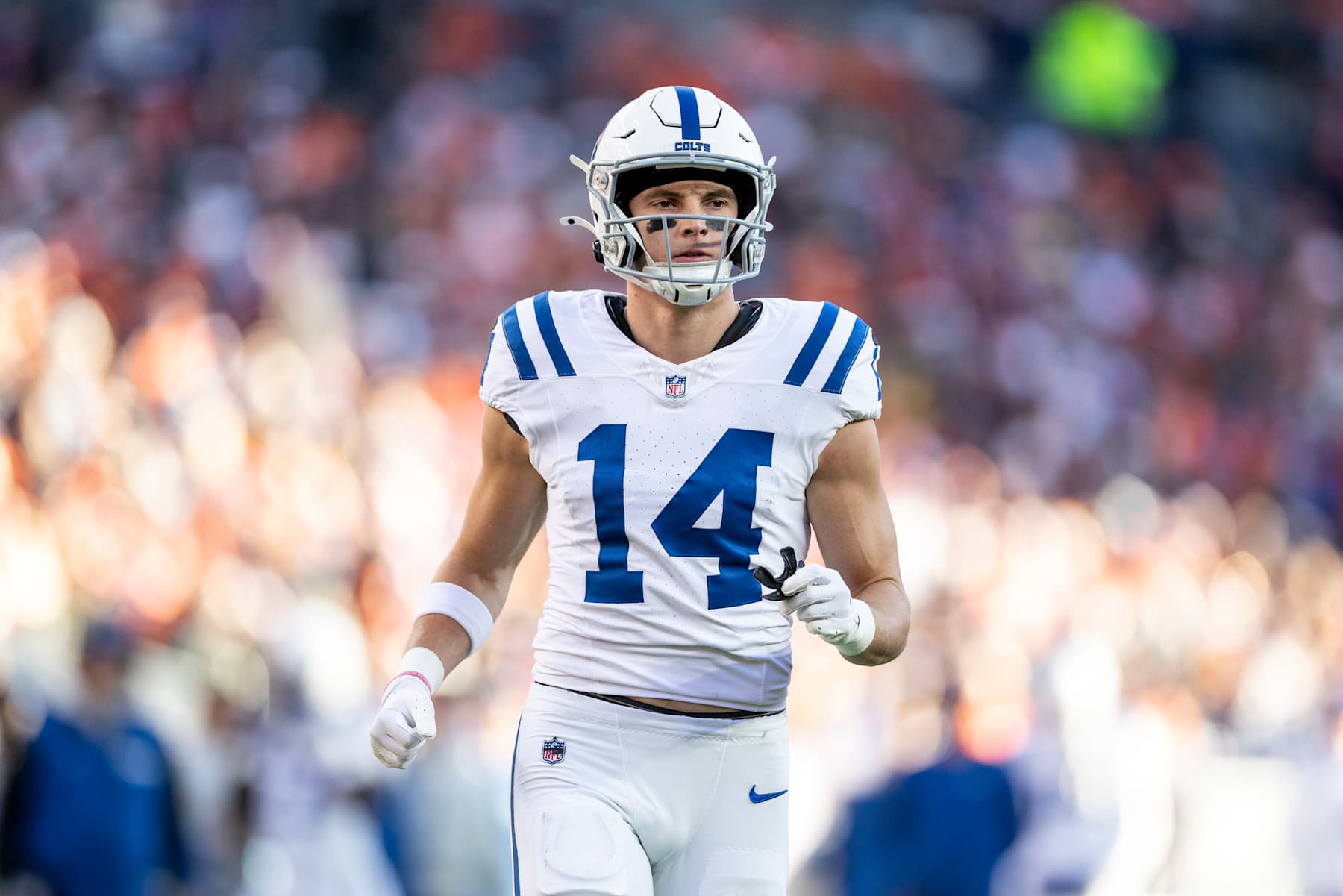 DENVER, COLORADO - DECEMBER 15: Alec Pierce #14 of the Indianapolis Colts runs during an NFL Football game against the Denver Broncos at Empower Field At Mile High on December 15, 2024 in Denver, Colorado. (Photo by Michael Owens/Getty Images)