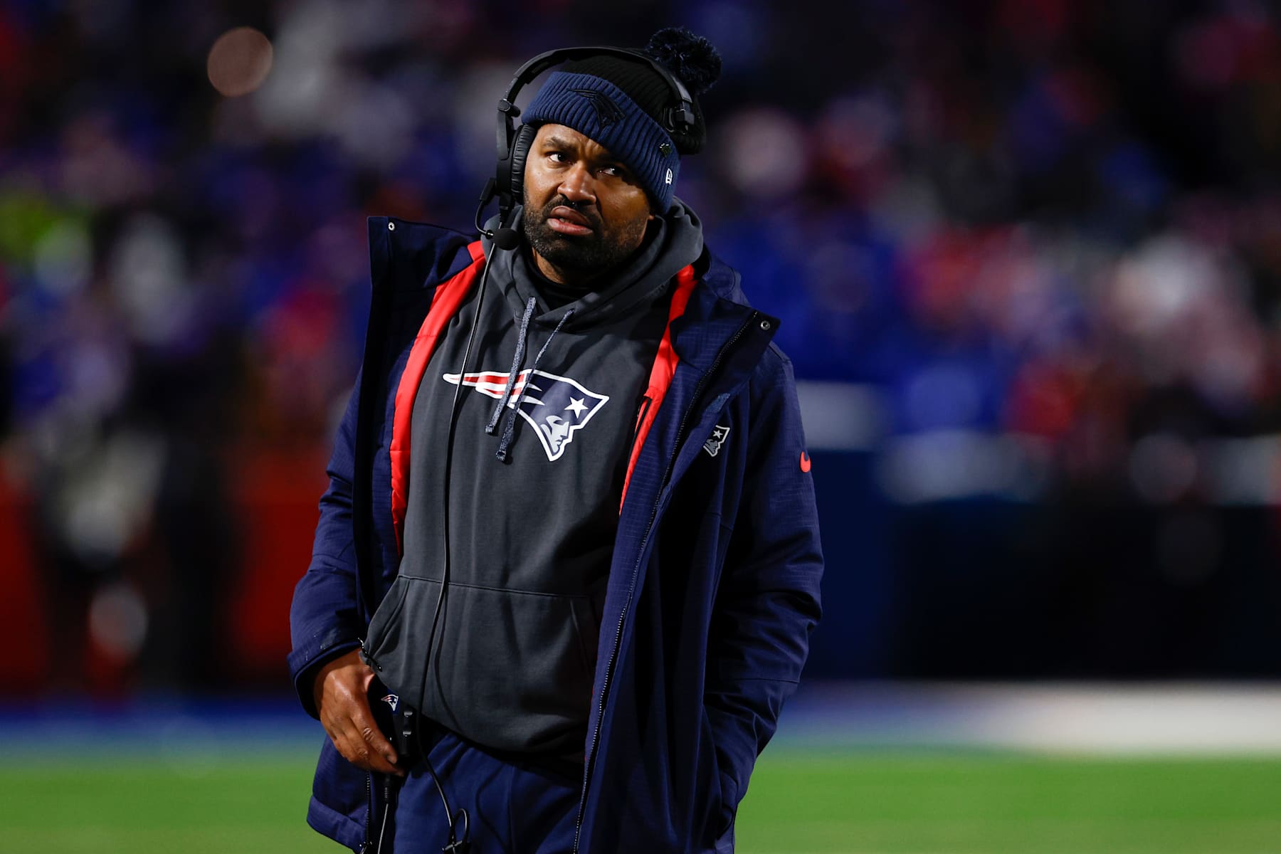 Orchard Park, NY - December 22: New England Patriots head coach Jerod Mayo looks on in the second quarter at Highmark Stadium. (Photo by Danielle Parhizkaran/The Boston Globe via Getty Images)