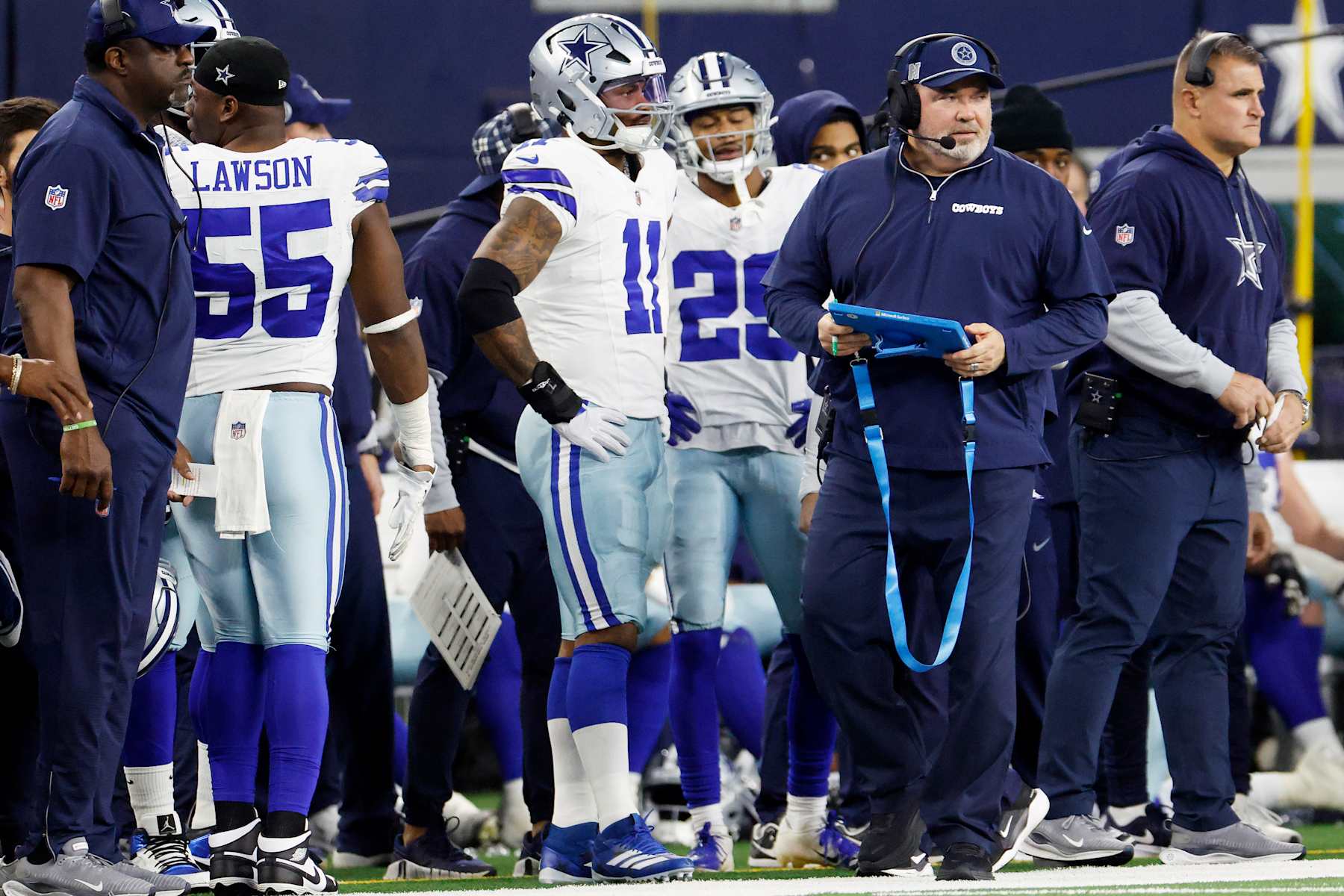 ARLINGTON, TEXAS - DECEMBER 22: Head coach Mike McCarthy of the Dallas Cowboys looks on during the second quarter of a game against the Tampa Bay Buccaneers at AT&T Stadium on December 22, 2024 in Arlington, Texas. (Photo by Ron Jenkins/Getty Images)