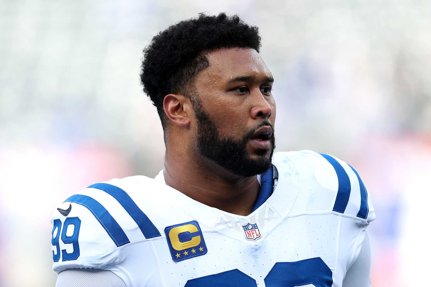 EAST RUTHERFORD, NEW JERSEY - DECEMBER 29: DeForest Buckner #99 of the Indianapolis Colts looks on before the game against the New York Giants at MetLife Stadium on December 29, 2024 in East Rutherford, New Jersey. (Photo by Luke Hales/Getty Images)