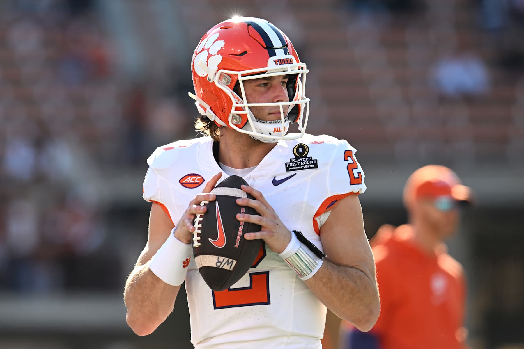 AUSTIN, TEXAS - DECEMBER 21: Cade Klubnik #2 of the Clemson Tigers warms up prior to a game against the Texas Longhorns in the Playoff First Round Game at Darrell K Royal-Texas Memorial Stadium on December 21, 2024 in Austin, Texas. (Photo by Jack Gorman/Getty Images)