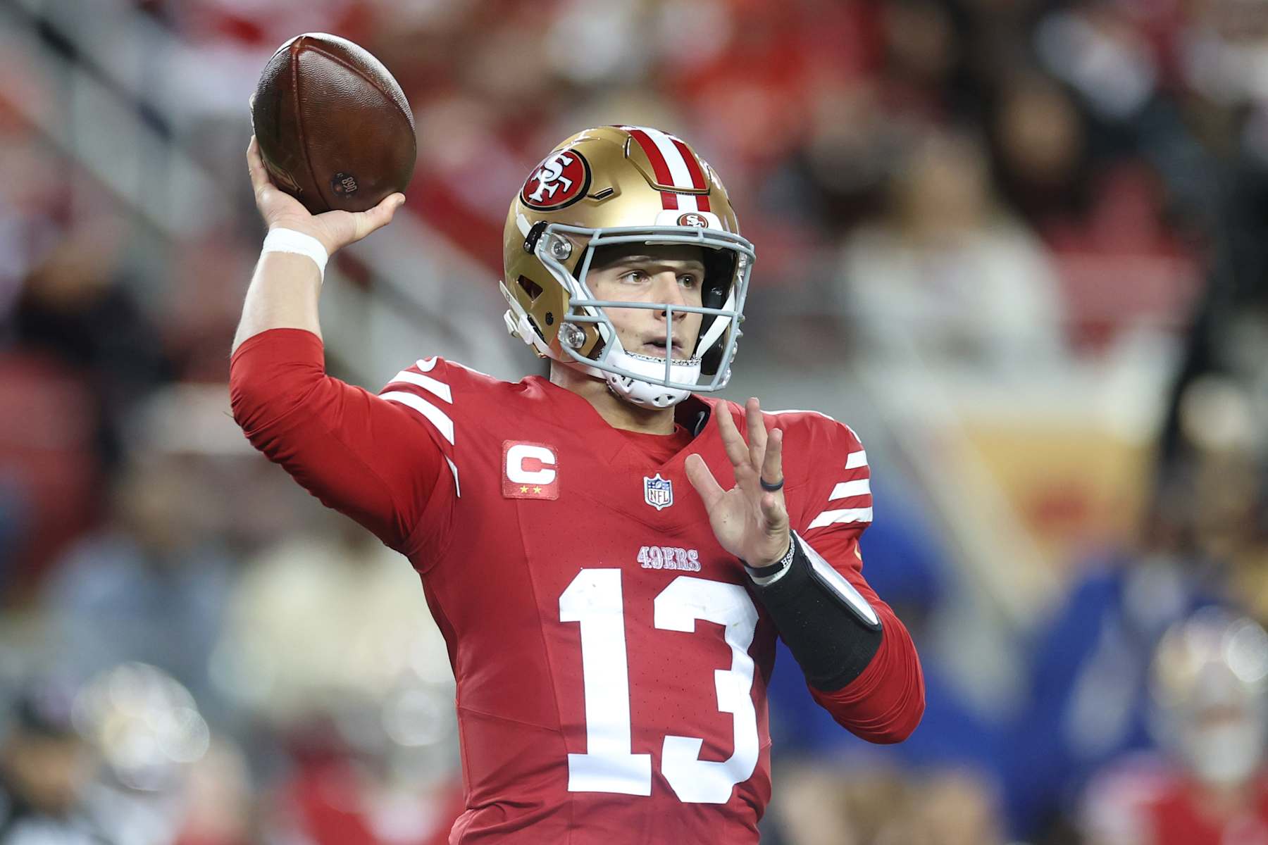 SANTA CLARA, CALIFORNIA - DECEMBER 30: Brock Purdy #13 of the San Francisco 49ers passes the ball against the Detroit Lions during the first quarter at Levi's Stadium on December 30, 2024 in Santa Clara, California. (Photo by Ezra Shaw/Getty Images)
