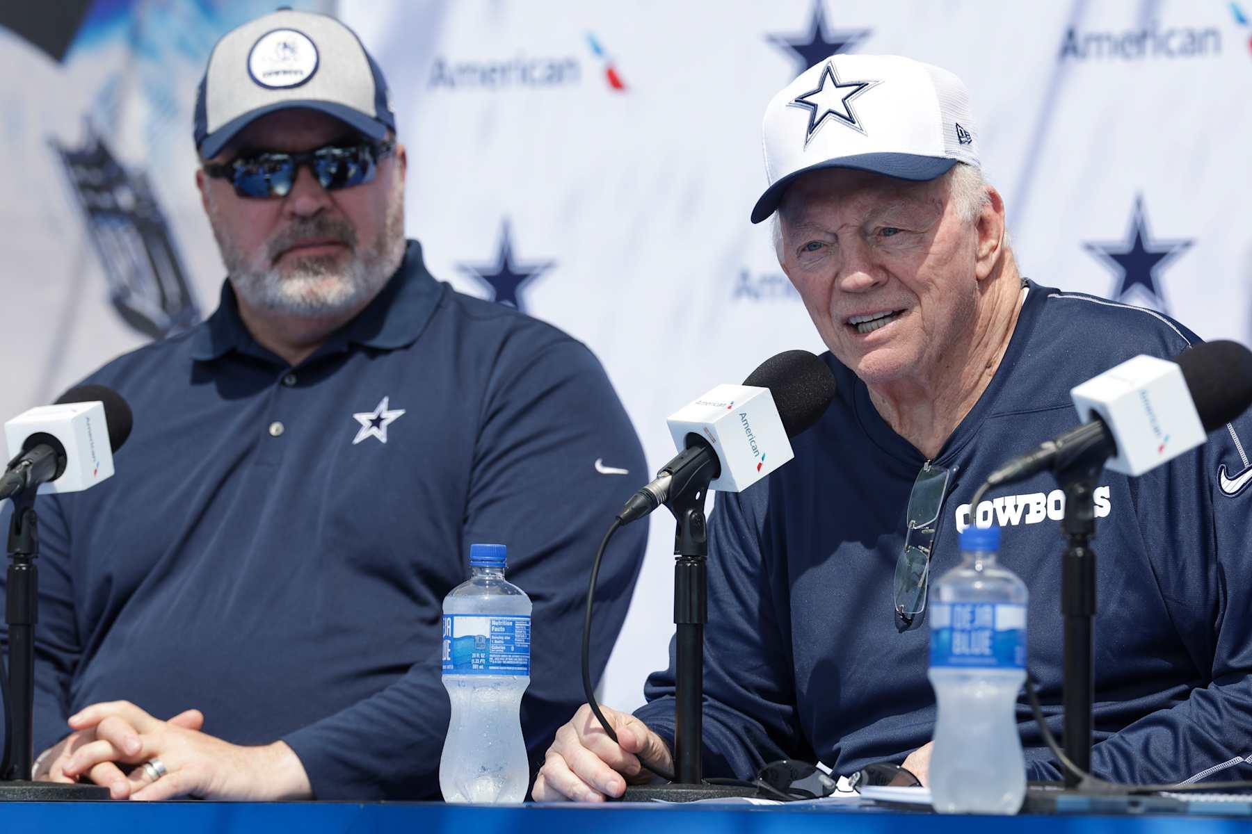 OXNARD, CA - JULY 25: Dallas Cowboys owner Jerry Jones and head coach Mike McCarthy talk to the media during the team's training camp at River Ridge Playing Fields on July 25, 2024 in Oxnard, CA. (Photo by Brandon Sloter/Icon Sportswire via Getty Images)