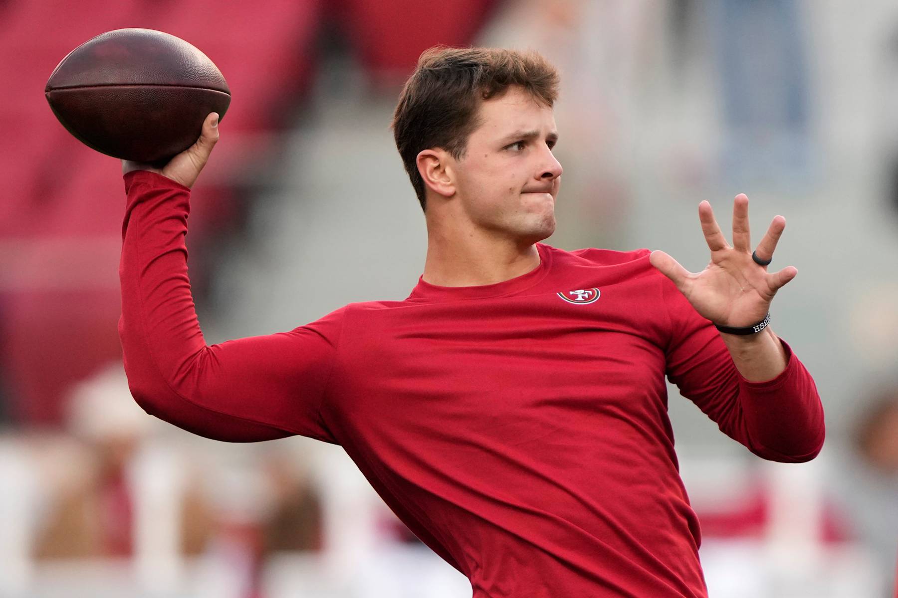 SANTA CLARA, CALIFORNIA - DECEMBER 30: Brock Purdy #13 of the San Francisco 49ers warms up before the game against the Detroit Lions at Levi's Stadium on December 30, 2024 in Santa Clara, California. (Photo by Thearon W. Henderson/Getty Images)