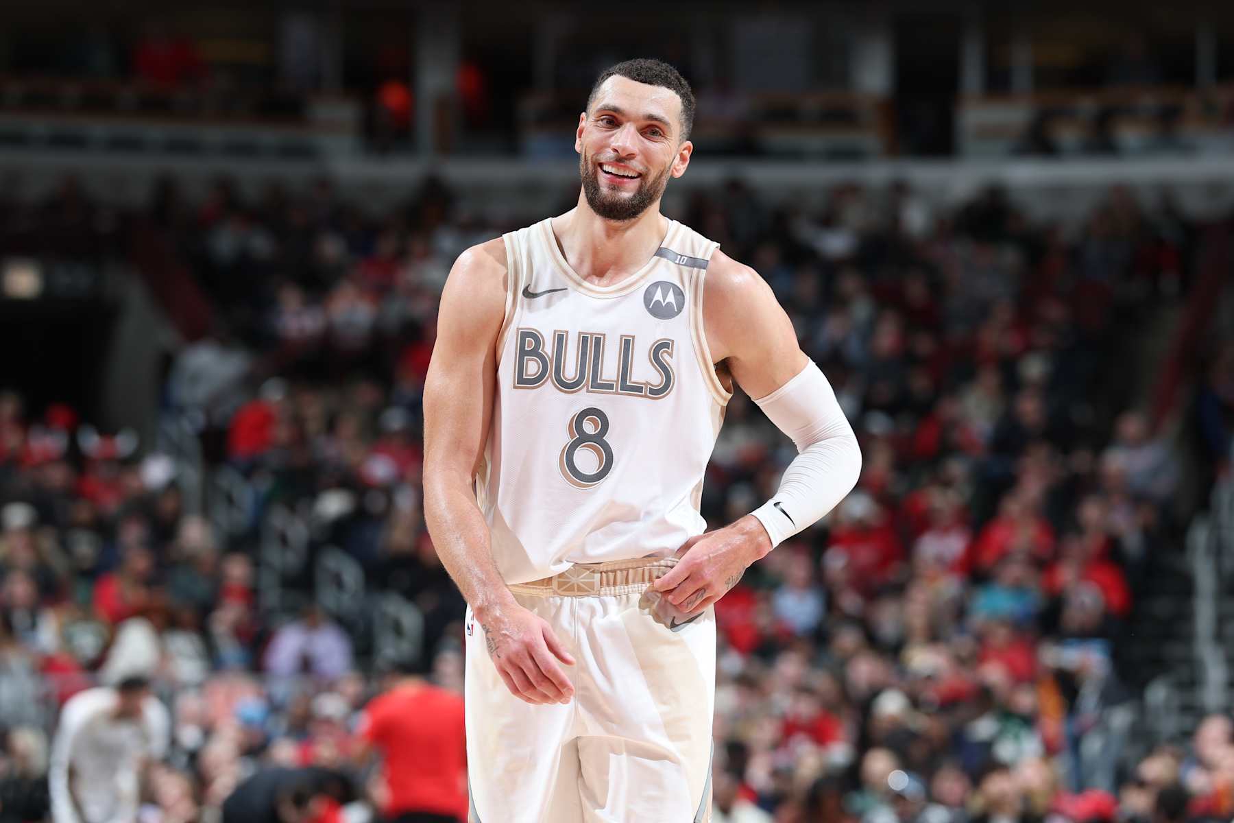 CHICAGO, IL - DECEMBER 28:  Zach LaVine #8 of the Chicago Bulls smiles during the game against the Milwaukee Bucks on December 28, 2024 at United Center in Chicago, Illinois. NOTE TO USER: User expressly acknowledges and agrees that, by downloading and or using this photograph, User is consenting to the terms and conditions of the Getty Images License Agreement. Mandatory Copyright Notice: Copyright 2024 NBAE (Photo by Jeff Haynes/NBAE via Getty Images)