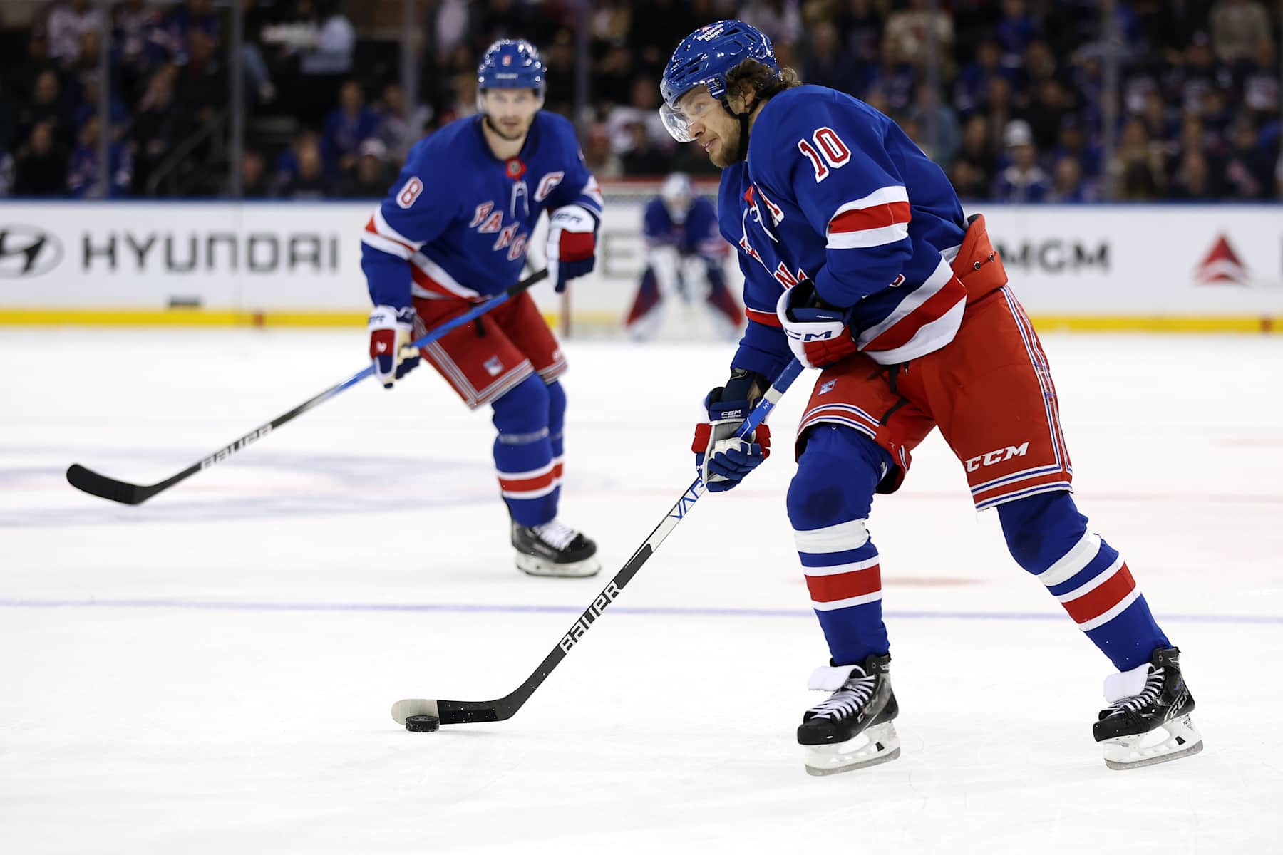NEW YORK, NEW YORK - OCTOBER 26: Artemi Panarin #10 of the New York Rangers in action during the third period against the Anaheim Ducks at Madison Square Garden on October 26, 2024 in New York City. The Rangers won 2-1. (Photo by Sarah Stier/Getty Images)