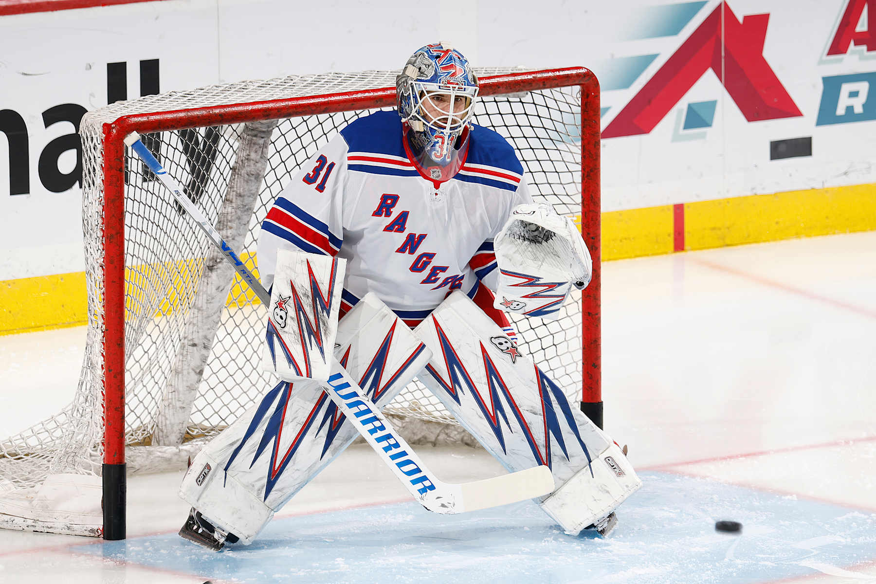SUNRISE, FL - DECEMBER 30: Goaltender Igor Shesterkin #31 of the New York Rangers warms up prior to the game against the Florida Panthers at the Amerant Bank Arena on December 30, 2024 in Sunrise, Florida. (Photo by Joel Auerbach/Getty Images)