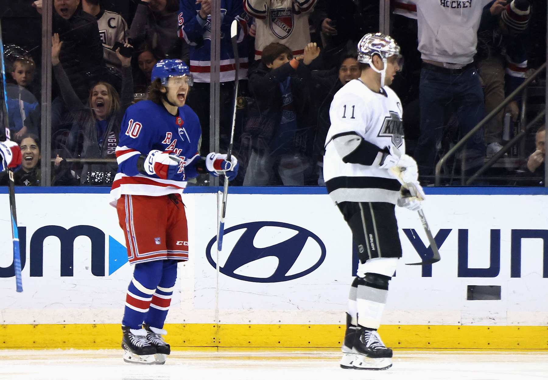NEW YORK, NEW YORK - FEBRUARY 26: Artemi Panarin #10 of the New York Rangers celebrates his goal against the Los Angeles Kings at 2:10 of the third period at Madison Square Garden on February 26, 2023 in New York City. The Rangers defeated the Kings 5-2. (Photo by Bruce Bennett/Getty Images)