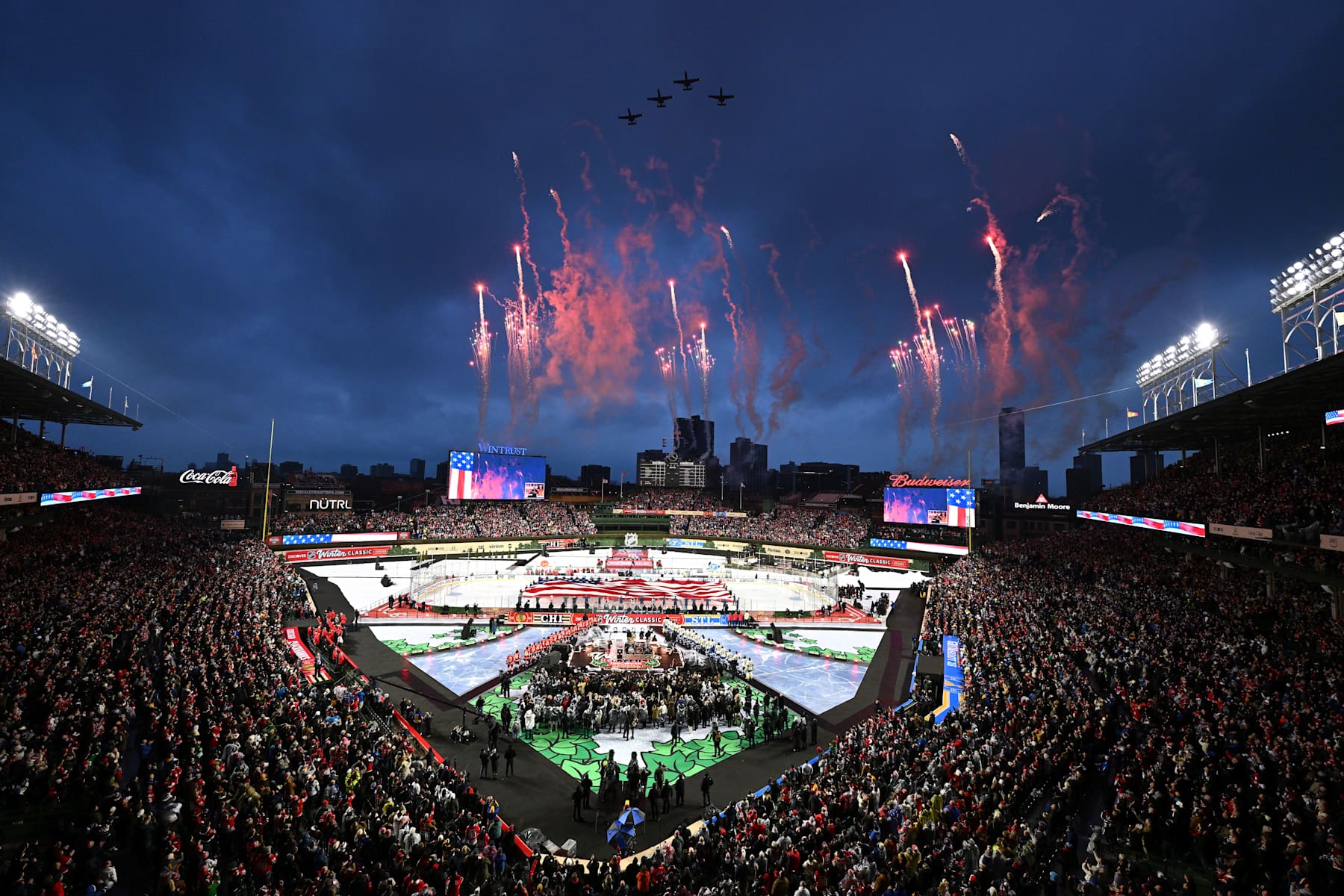 CHICAGO, ILLINOIS - DECEMBER 31: A general view of pre-game ceremonies before the Discover NHL Winter Classic between the St. Louis Blues and the Chicago Blackhawks at Wrigley Field on December 31, 2024 in Chicago, Illinois. (Photo by Jamie Sabau/NHLI via Getty Images)