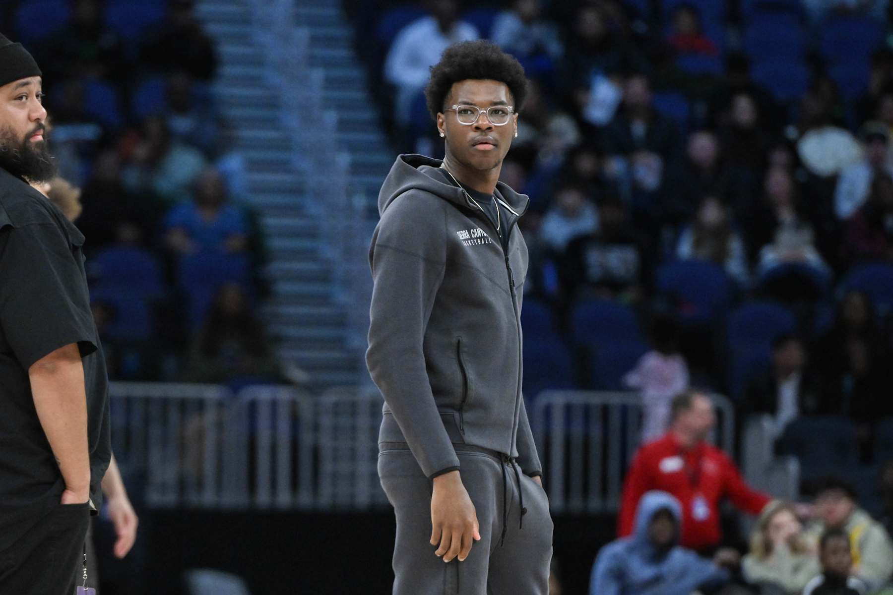 ELMONT, NY - DECEMBER 13:  Bryce. James of Sierra Canyon (5) looks on during pregame warmups at the Luhi Holiday Invitational boys high school basketball game between Long Island Lutheran and Sierra Canyon on December 13, 2024 at UBS Arena in Elmont, NY (Photo by Jonathan Jones/Icon Sportswire via Getty Images)
