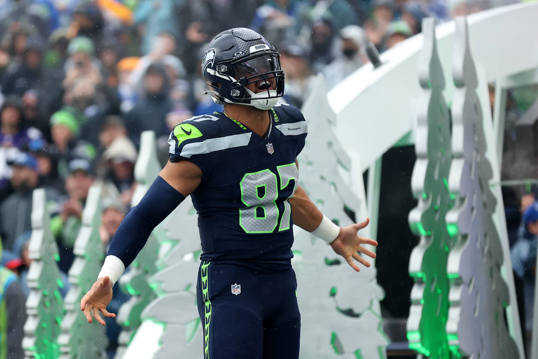 SEATTLE, WASHINGTON - DECEMBER 22: Noah Fant #87 of the Seattle Seahawks takes the field against the Minnesota Vikings at Lumen Field on December 22, 2024 in Seattle, Washington. (Photo by Steph Chambers/Getty Images)