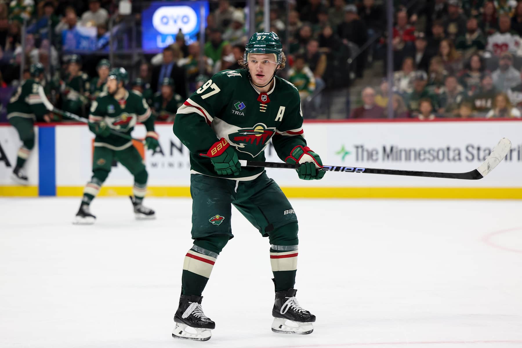 ST PAUL, MINNESOTA - DECEMBER 15: Kirill Kaprizov #97 of the Minnesota Wild looks to the action in the third period of a game against the Vegas Golden Knights at Xcel Energy Center on December 15, 2024 in St Paul, Minnesota. (Photo by Ellen Schmidt/Getty Images)