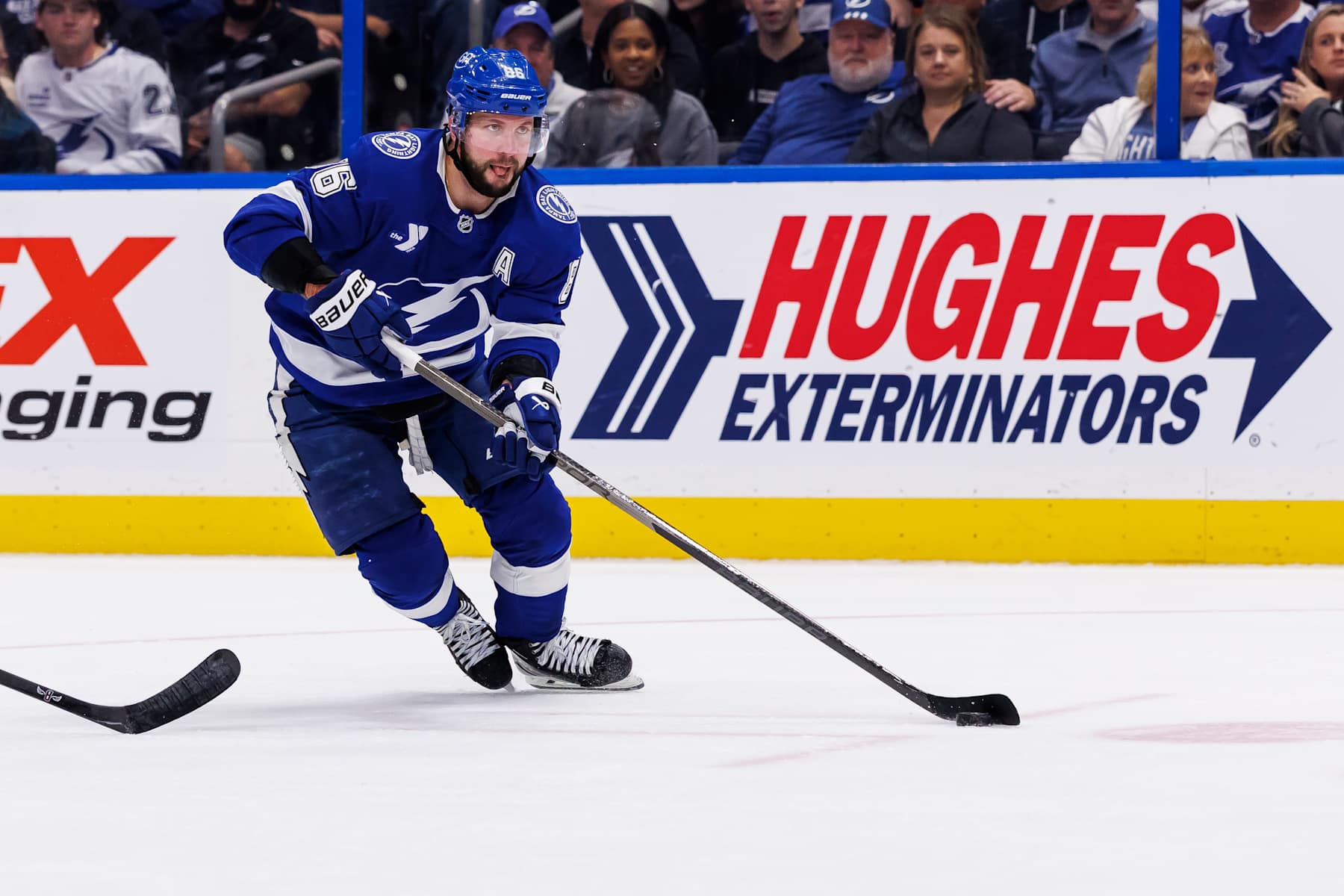 TAMPA, FL - DECEMBER 17: Nikita Kucherov #86 of the Tampa Bay Lightning skates against the Columbus Blue Jackets at Amalie Arena on December 17, 2024 in Tampa, Florida. (Photo by Mark LoMoglio/NHLI via Getty Images)