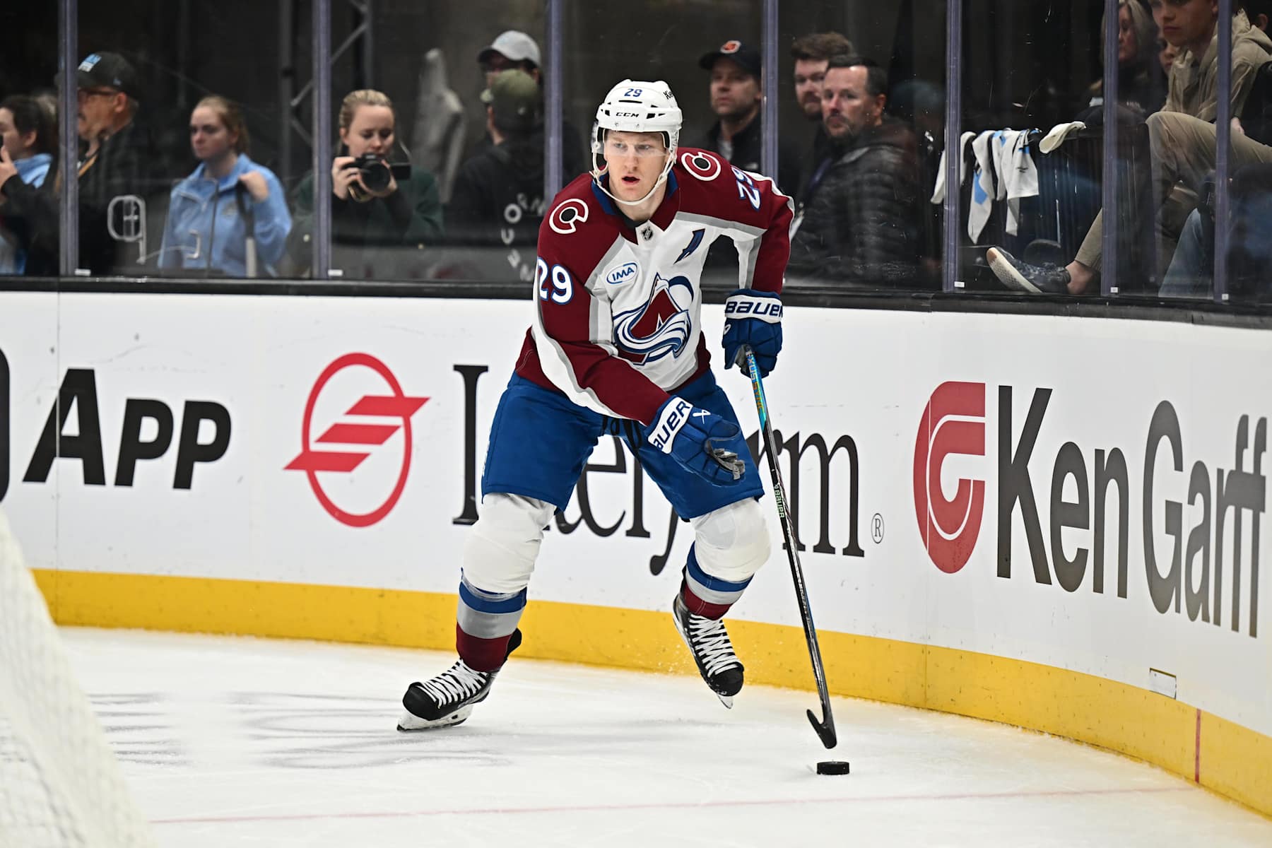 SALT LAKE CITY, UTAH - DECEMBER 27: Nathan MacKinnon #29 of the Colorado Avalanche skates against the Utah Hockey Club on December 27, 2024 at Delta Center in Salt Lake City, Utah. (Photo by Jamie Sabau/NHLI via Getty Images)