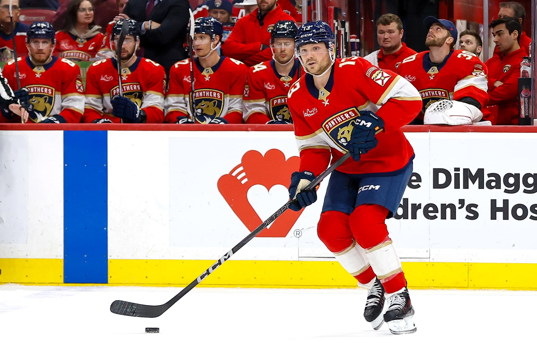 SUNRISE, FL - DECEMBER 30: Florida Panther Sam Reinhart #13 in action during the game between New York Rangers and the Florida Panthers on Monday December 30, 2024, at Amerant Bank Arena in Sunrise, FL. (Photo by Chris Arjoon/Icon Sportswire via Getty Images)
