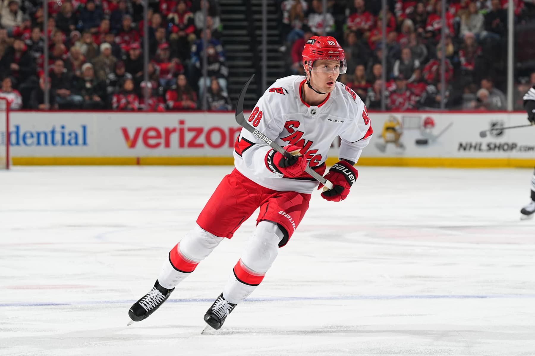 NEWARK, NJ - DECEMBER 27: Martin Necas #88 of the Carolina Hurricanes skates in the first period of the game against the New Jersey Devils at the Prudential Center on December 27, 2024 in Newark, New Jersey. (Photo by Rich Graessle/NHLI via Getty Images)