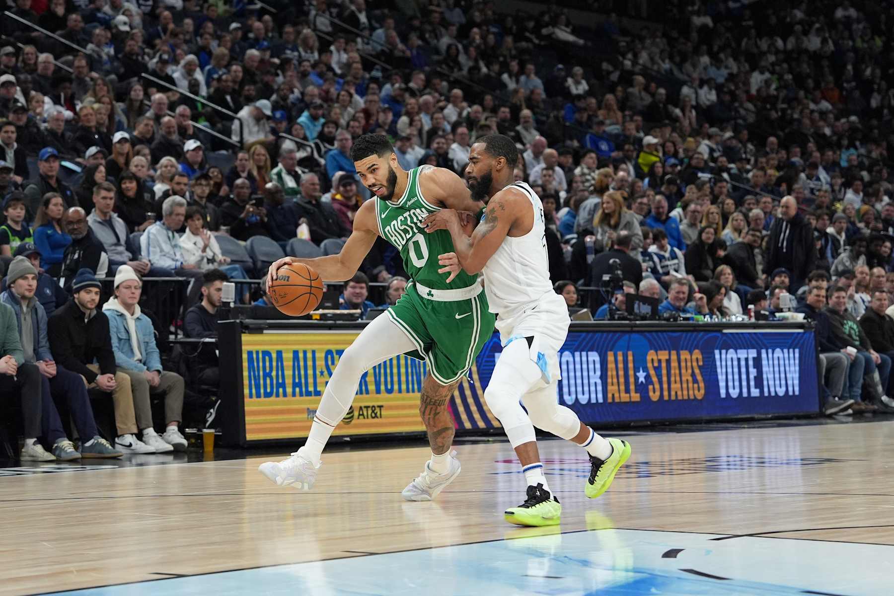 MINNEAPOLIS, MN -  JANUARY 2:  Jayson Tatum #0 of the Boston Celtics dribbles the ball during the game against the Minnesota Timberwolves on January 2, 2025 at Target Center in Minneapolis, Minnesota. NOTE TO USER: User expressly acknowledges and agrees that, by downloading and or using this Photograph, user is consenting to the terms and conditions of the Getty Images License Agreement. Mandatory Copyright Notice: Copyright 2025 NBAE (Photo by Jordan Johnson/NBAE via Getty Images)