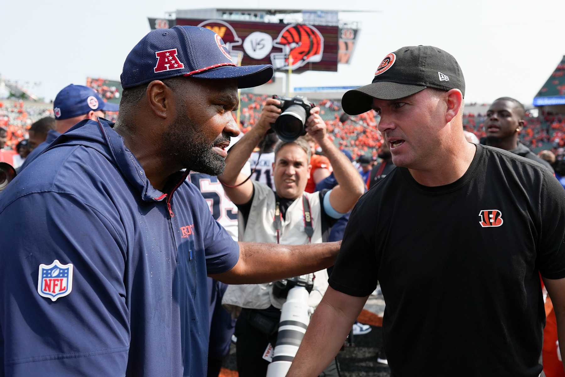 CINCINNATI, OHIO - SEPTEMBER 08: Head coach Jerod Mayo of the New England Patriots and head coach Zac Taylor of the Cincinnati Bengals shake hands after the Patriots beat the Bengals 16-10at Paycor Stadium on September 08, 2024 in Cincinnati, Ohio. (Photo by Dylan Buell/Getty Images)