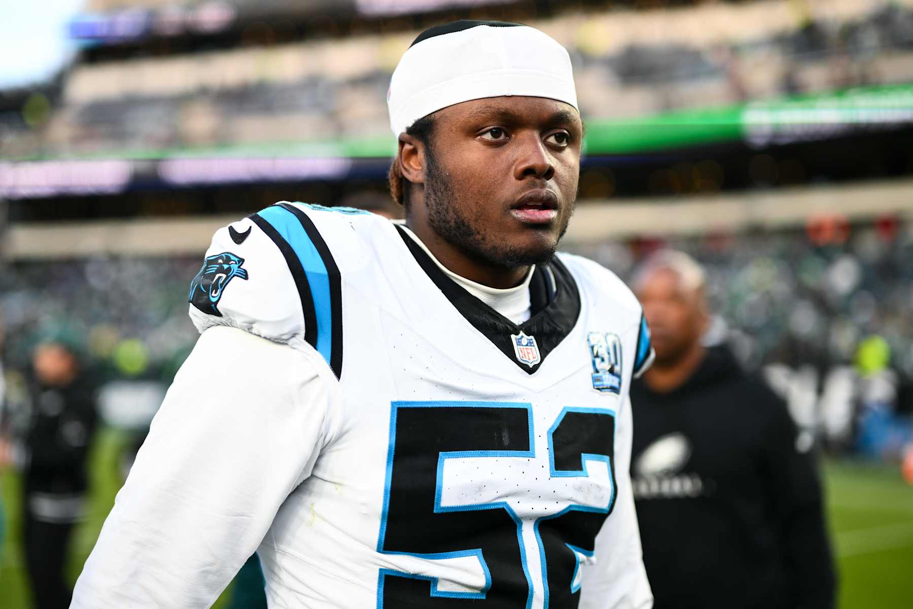 PHILADELPHIA, PA - DECEMBER 08: Carolina Panthers linebacker D.J. Johnson (52) looks on after the game between the Carolina Panthers and Philadelphia Eagles on December 08, 2024 at Lincoln Financial Field in Philadelphia, PA. (Photo by Kyle Ross/Icon Sportswire via Getty Images)