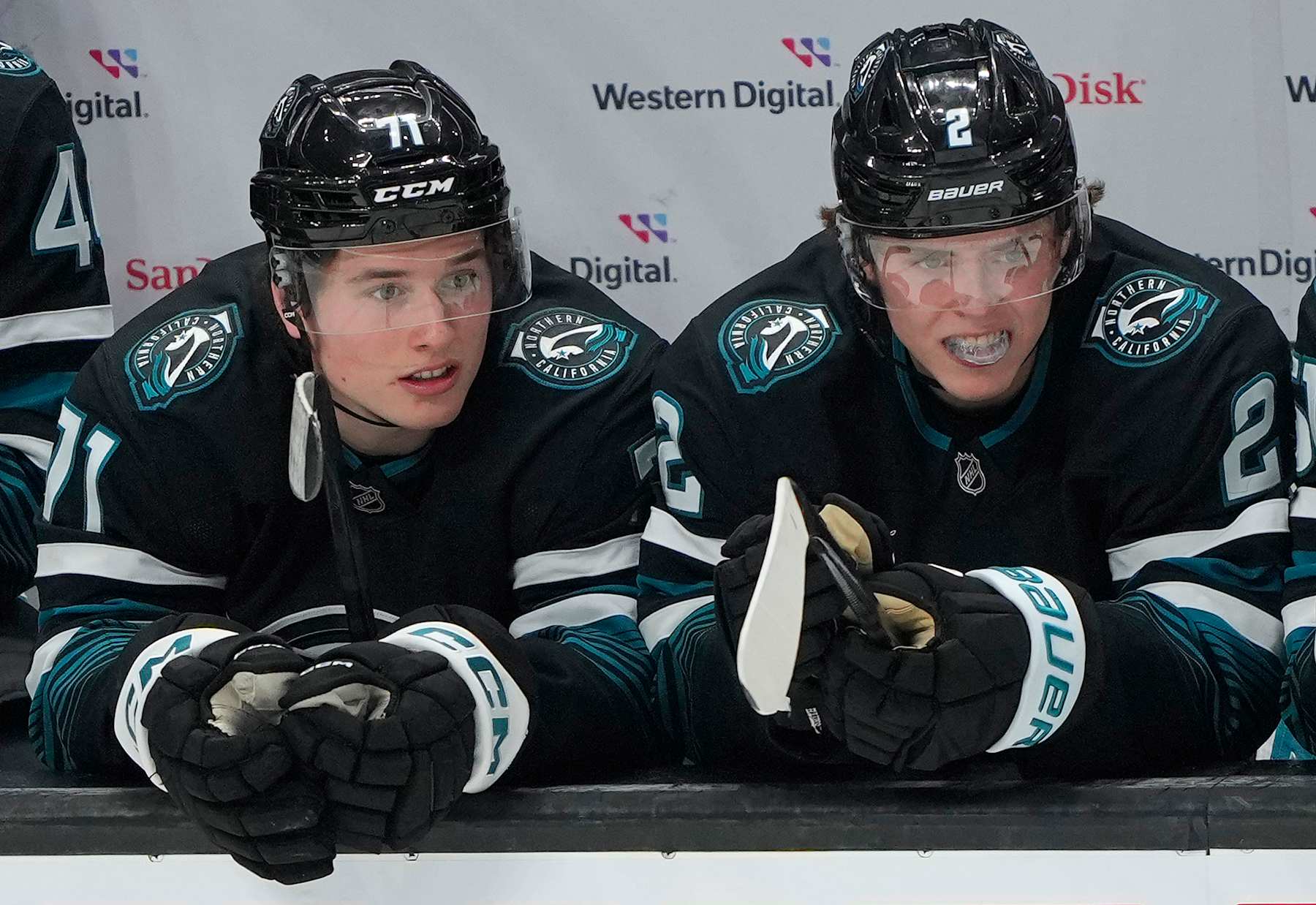 San Jose Sharks rookie forwards Macklin Celebrini (left) and Will Smith.