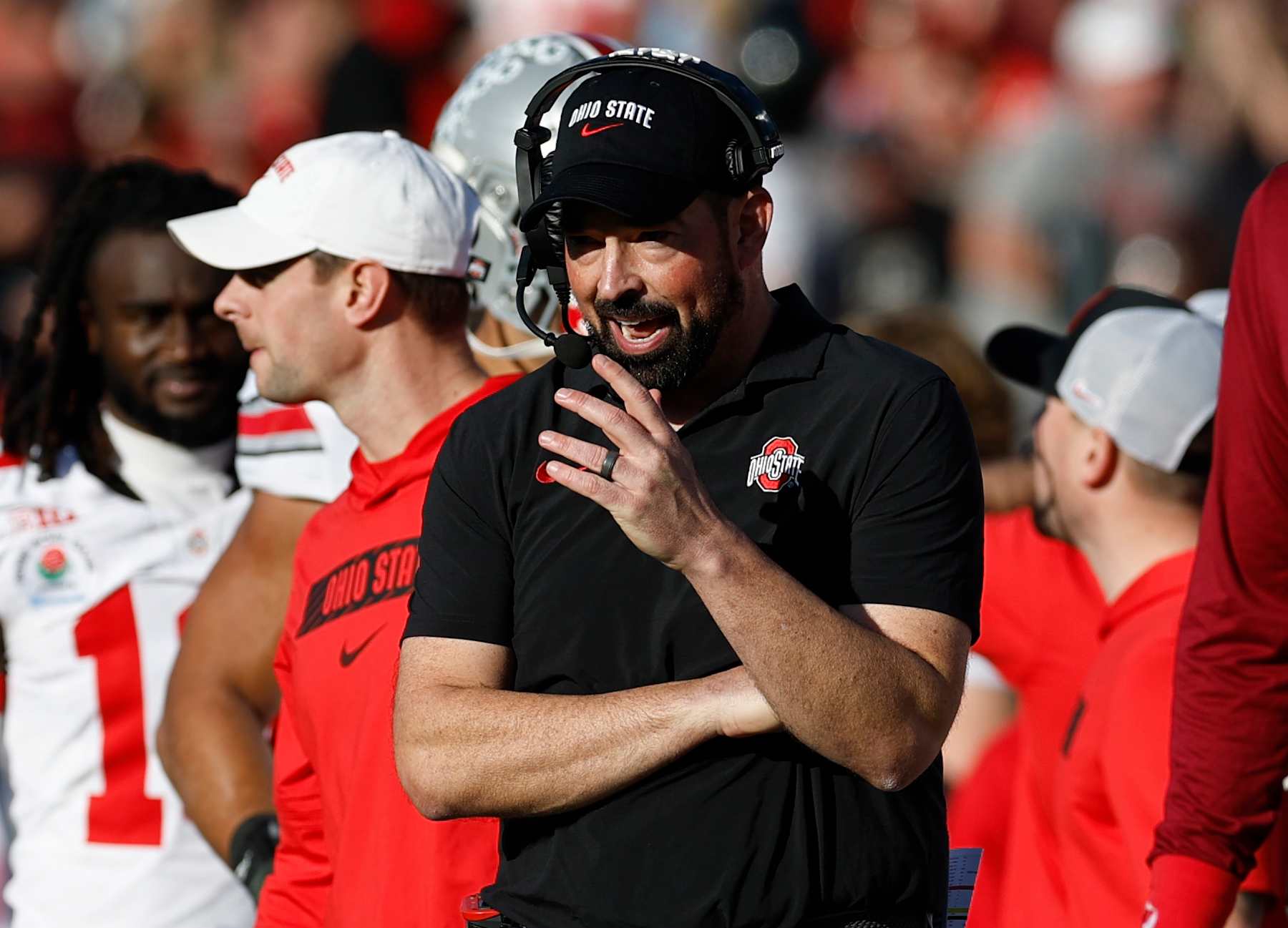 PASADENA, CALIFORNIA - JANUARY 01: Head coach Ryan Day of the Ohio State Buckeyes looks on during the second quarter against the Oregon Ducks during the Rose Bowl Game Presented by Prudential at Rose Bowl Stadium on January 01, 2025 in Pasadena, California. (Photo by Ronald Martinez/Getty Images)