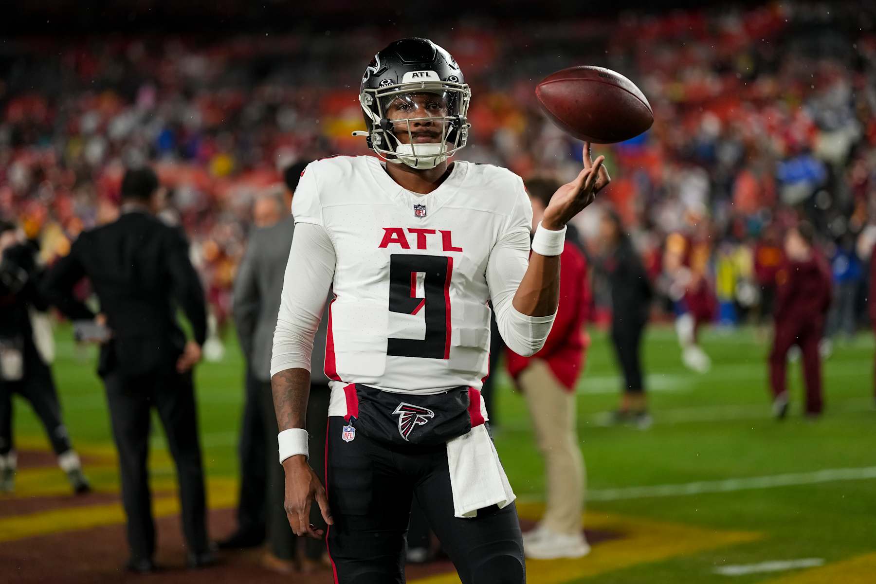 LANDOVER, MARYLAND - DECEMBER 29: Quarterback Michael Penix Jr. #9 of the Atlanta Falcons stands on the field prior to an NFL football game against the Washington Commanders, at Northwest Stadium on December 29, 2024 in Landover, Maryland. (Photo by Todd Rosenberg/Getty Images)