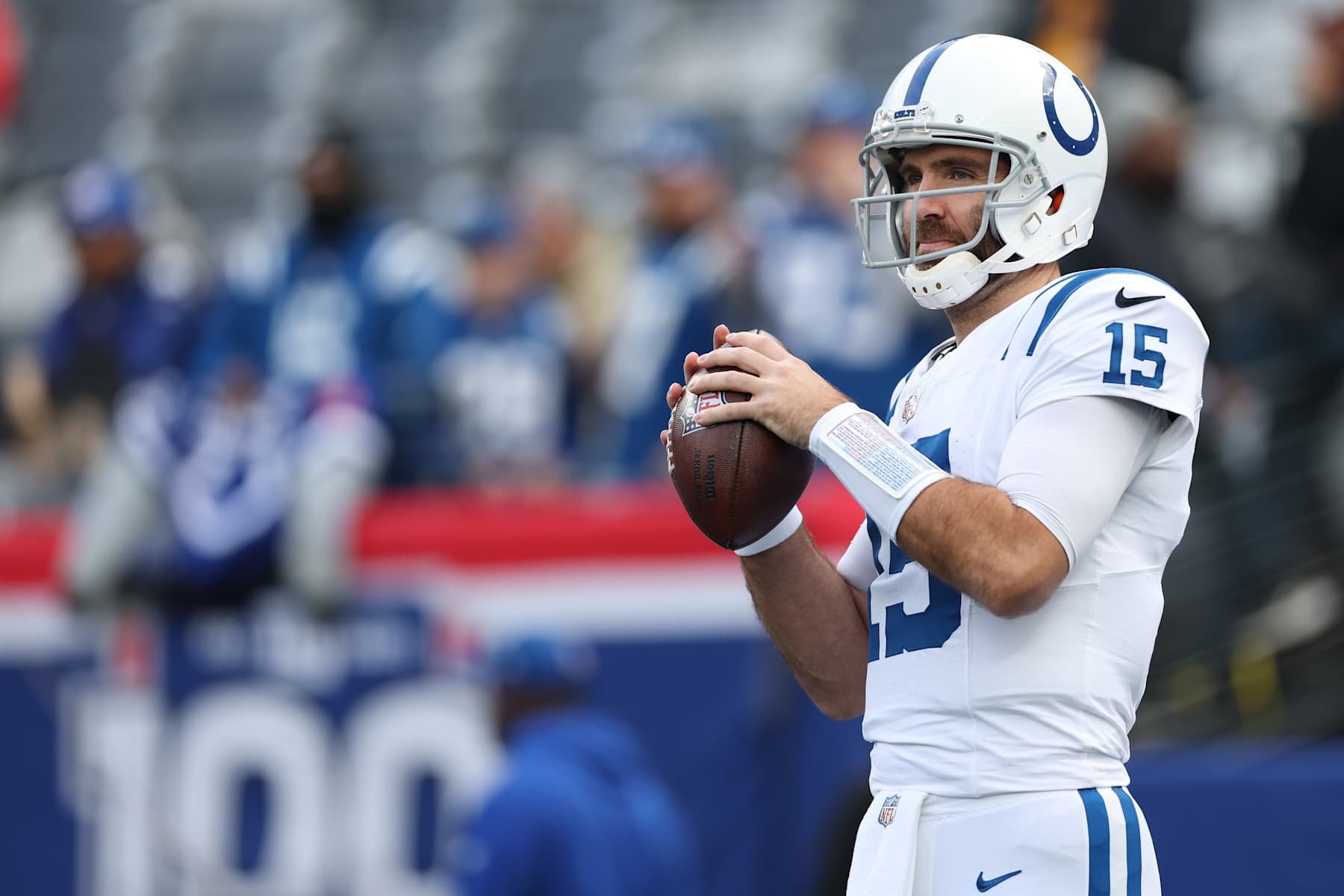 EAST RUTHERFORD, NEW JERSEY - DECEMBER 29: Quarterback Joe Flacco #15 of the Indianapolis Colts warms up prior to a game against the New York Giants at MetLife Stadium on December 29, 2024 in East Rutherford, New Jersey. (Photo by Luke Hales/Getty Images)