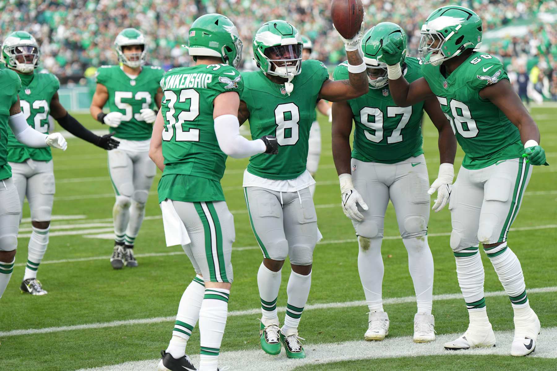 PHILADELPHIA, PA - DECEMBER 29: Philadelphia Eagles safety C.J. Gardner-Johnson (8) celebrates his pick six during the game between the Philadelphia Eagles and the Dallas Cowboys on December 29, 2024 at Lincoln Financial Field in Philadelphia, PA.(Photo by Andy Lewis/Icon Sportswire via Getty Images)