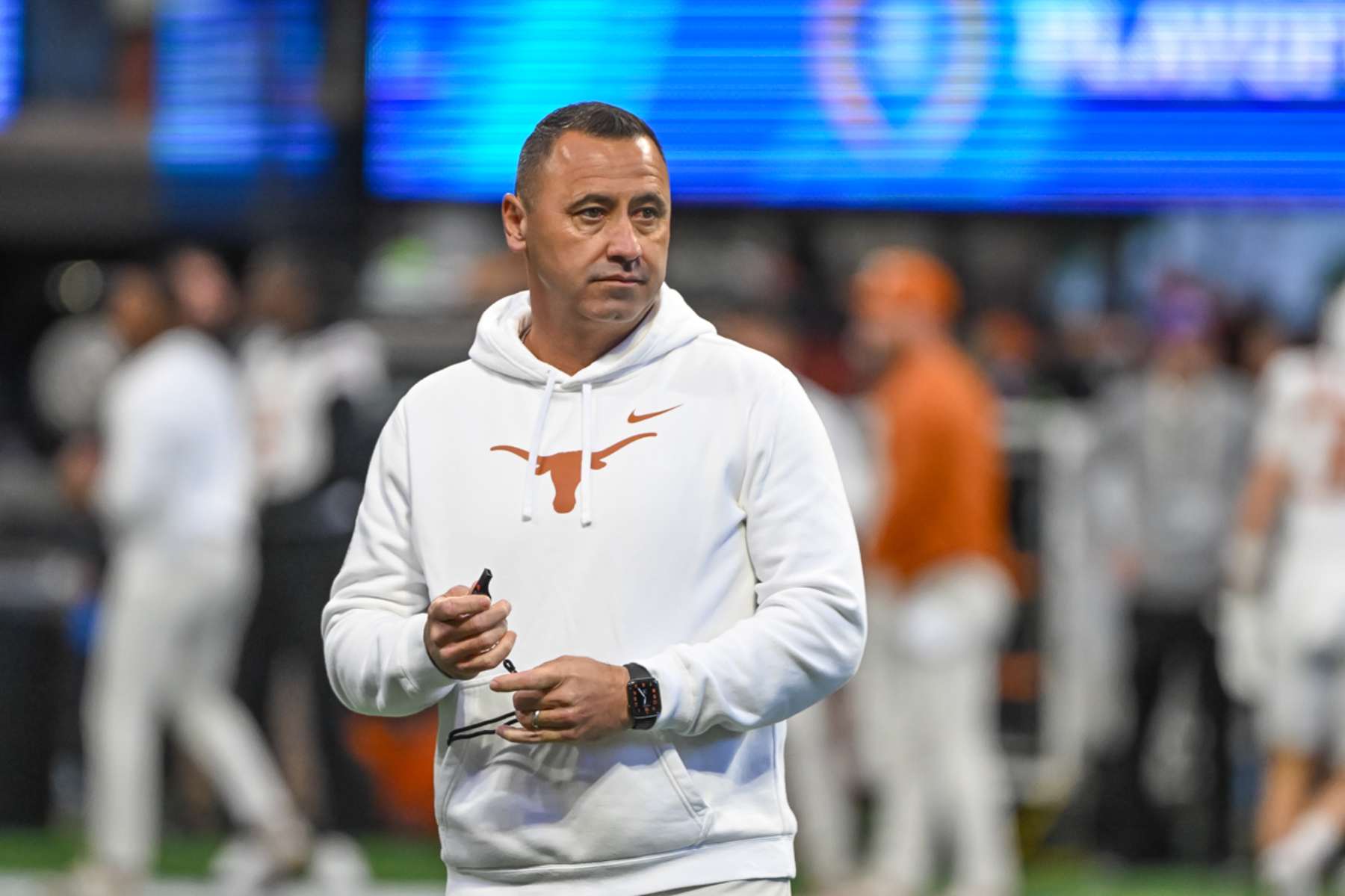 ATLANTA, GA - JANUARY 01: Head Coach Steve Sarkisian of the Texas Longhorns during the Texas Longhorns versus Arizona State Sun Devils College Football Playoff Quarterfinal at the Chick-fil-A Peach Bowl on January 1, 2025, at Mercedes-Benz Stadium in Atlanta, GA. (Photo by John Adams/Icon Sportswire via Getty Images)