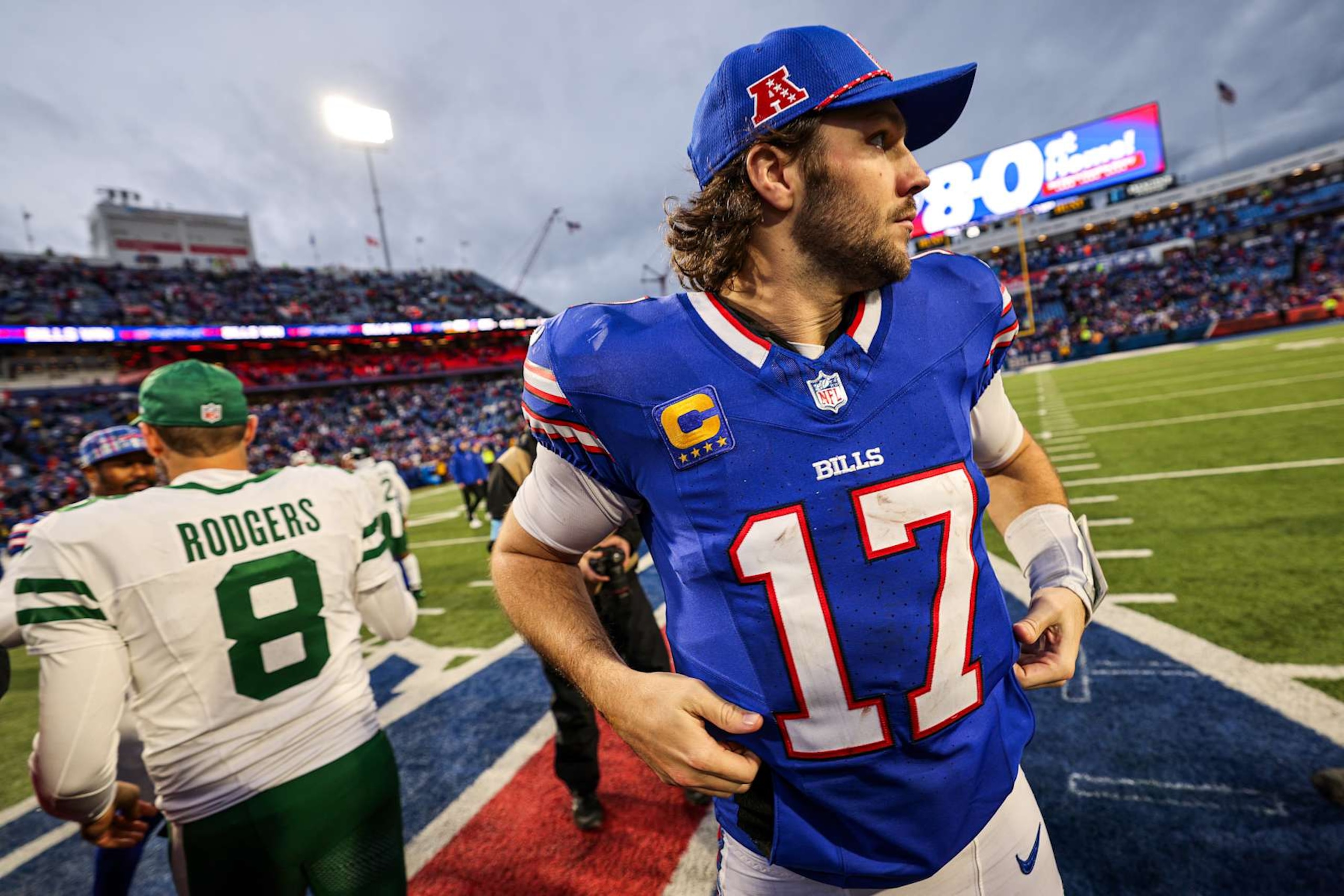 ORCHARD PARK, NEW YORK - DECEMBER 29: Josh Allen #17 of the Buffalo Bills look on after a game against the New York Jets at Highmark Stadium on December 29, 2024 in Orchard Park, New York. (Photo by Bryan Bennett/Getty Images)