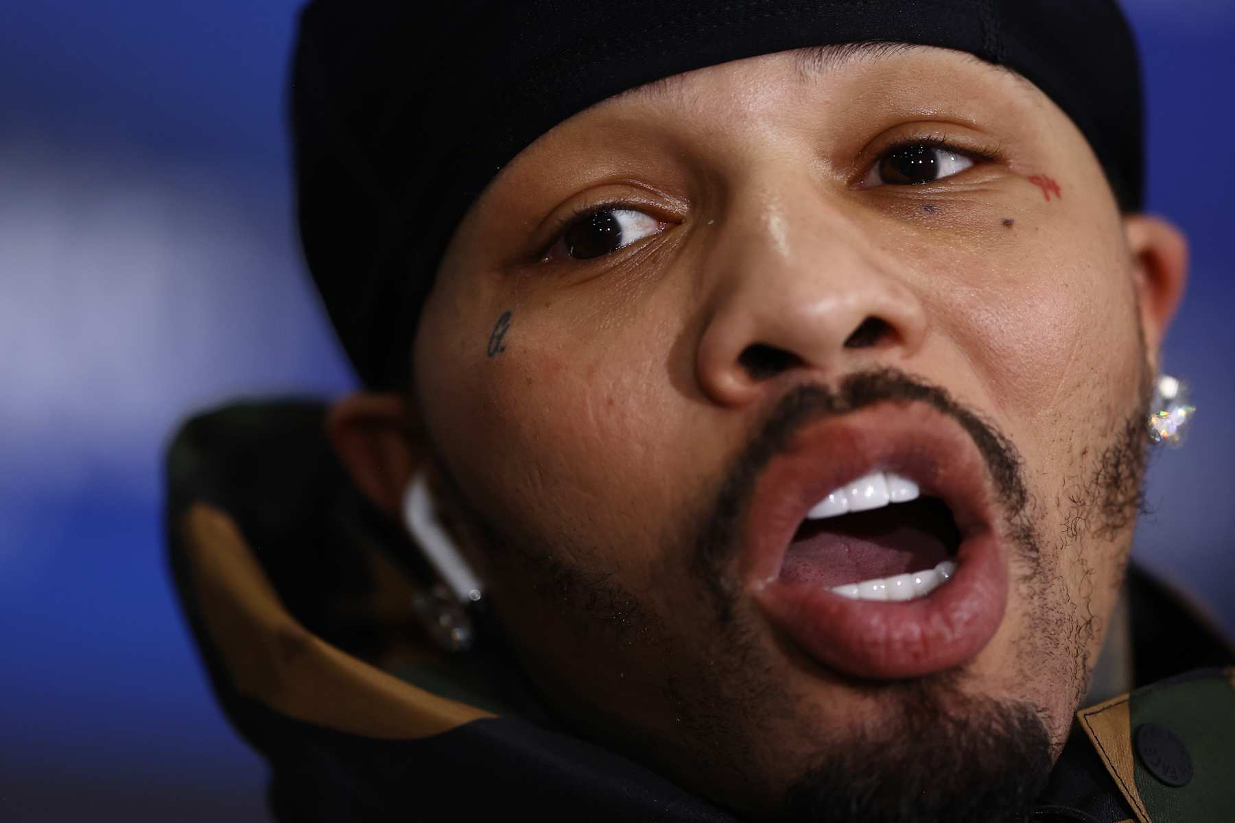 WASHINGTON, DC - DECEMBER 05: Gervonta Davis reacts during a press conference with Lamont Roach Jr. at Burr Gymnasium on the campus of Howard University on December 05, 2024 in Washington, DC. (Photo by Timothy Nwachukwu/Getty Images)