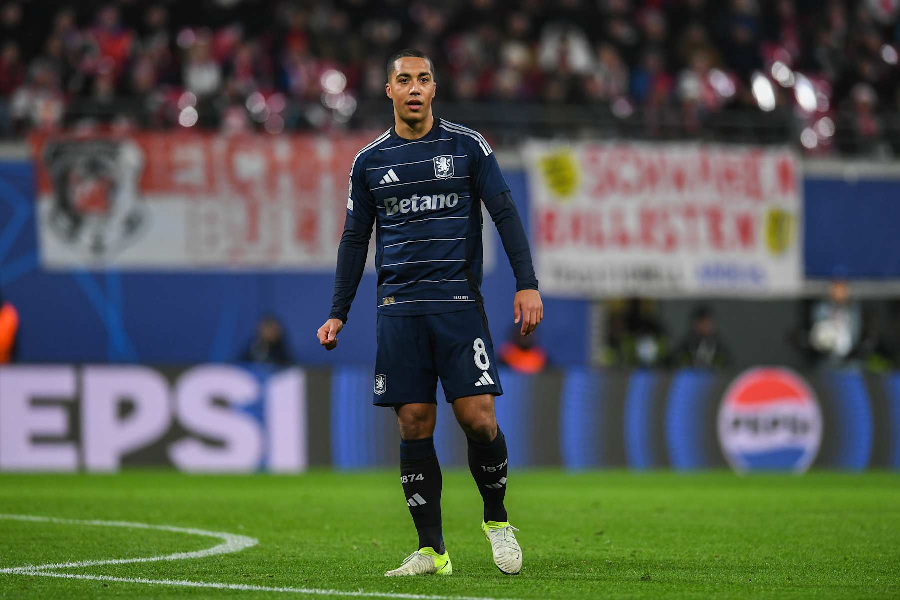 LEIPZIG, GERMANY - DECEMBER 10: Youri Tielemans of Aston Villa looks on during the UEFA Champions League 2024/25 League Phase MD6 match between RB Leipzig and Aston Villa FC at Leipzig Stadium on December 10, 2024 in Leipzig, Germany. (Photo by Luciano Lima/Getty Images)
