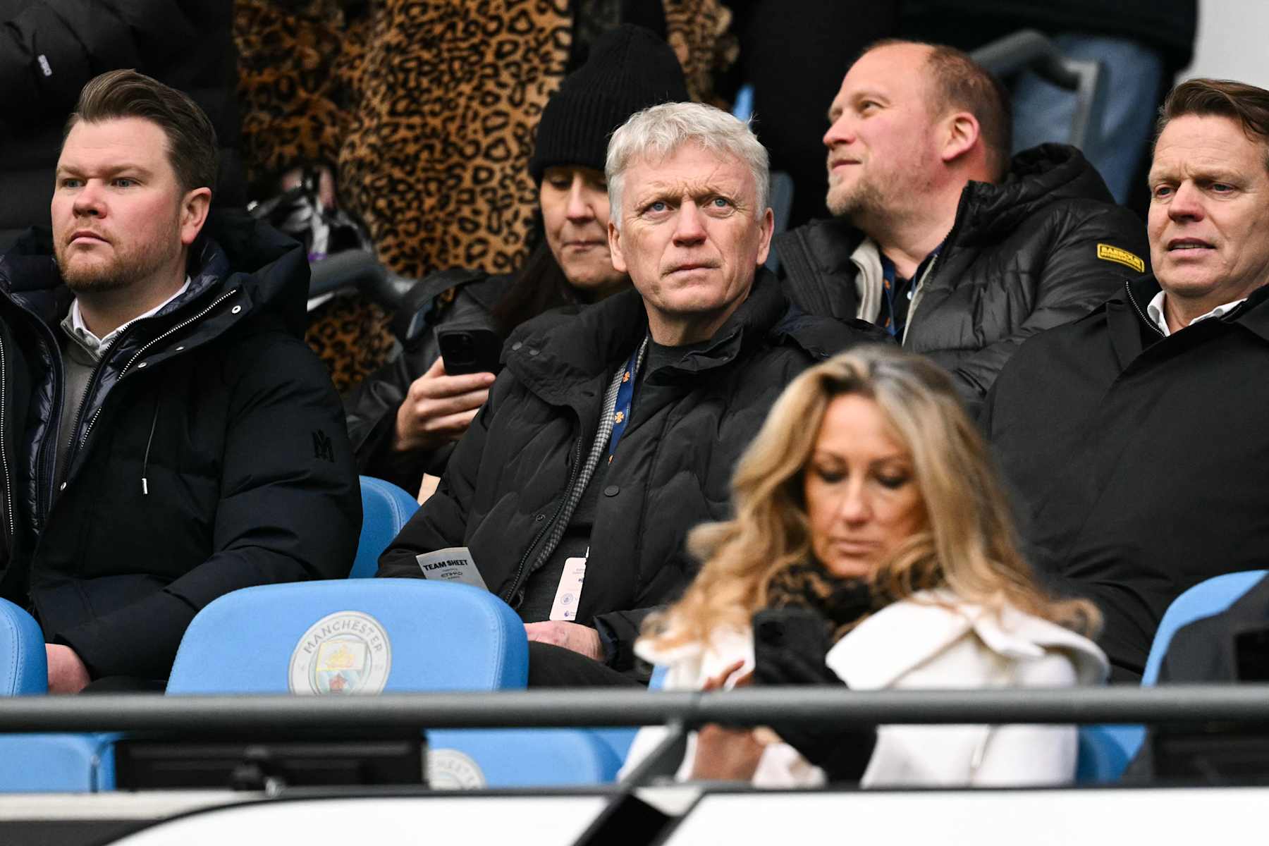 West Ham United's former manager David Moyes reacts from the stands during the English Premier League football match between Manchester City and West Ham United at the Etihad Stadium in Manchester, north west England, on January 4, 2025. (Photo by Oli SCARFF / AFP) / RESTRICTED TO EDITORIAL USE. No use with unauthorized audio, video, data, fixture lists, club/league logos or 'live' services. Online in-match use limited to 120 images. An additional 40 images may be used in extra time. No video emulation. Social media in-match use limited to 120 images. An additional 40 images may be used in extra time. No use in betting publications, games or single club/league/player publications. / (Photo by OLI SCARFF/AFP via Getty Images)