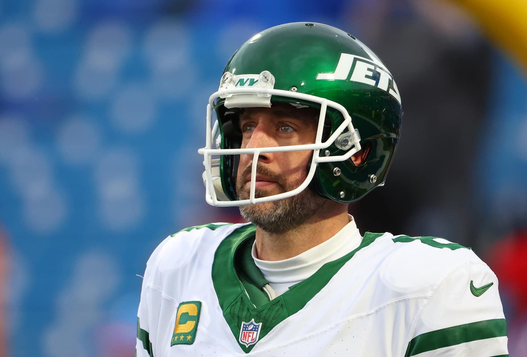 ORCHARD PARK, NEW YORK - DECEMBER 29: Aaron Rodgers #8 of the New York Jets on the field before a game against the Buffalo Bills at Highmark Stadium on December 29, 2024 in Orchard Park, New York. (Photo by Timothy T Ludwig/Getty Images)