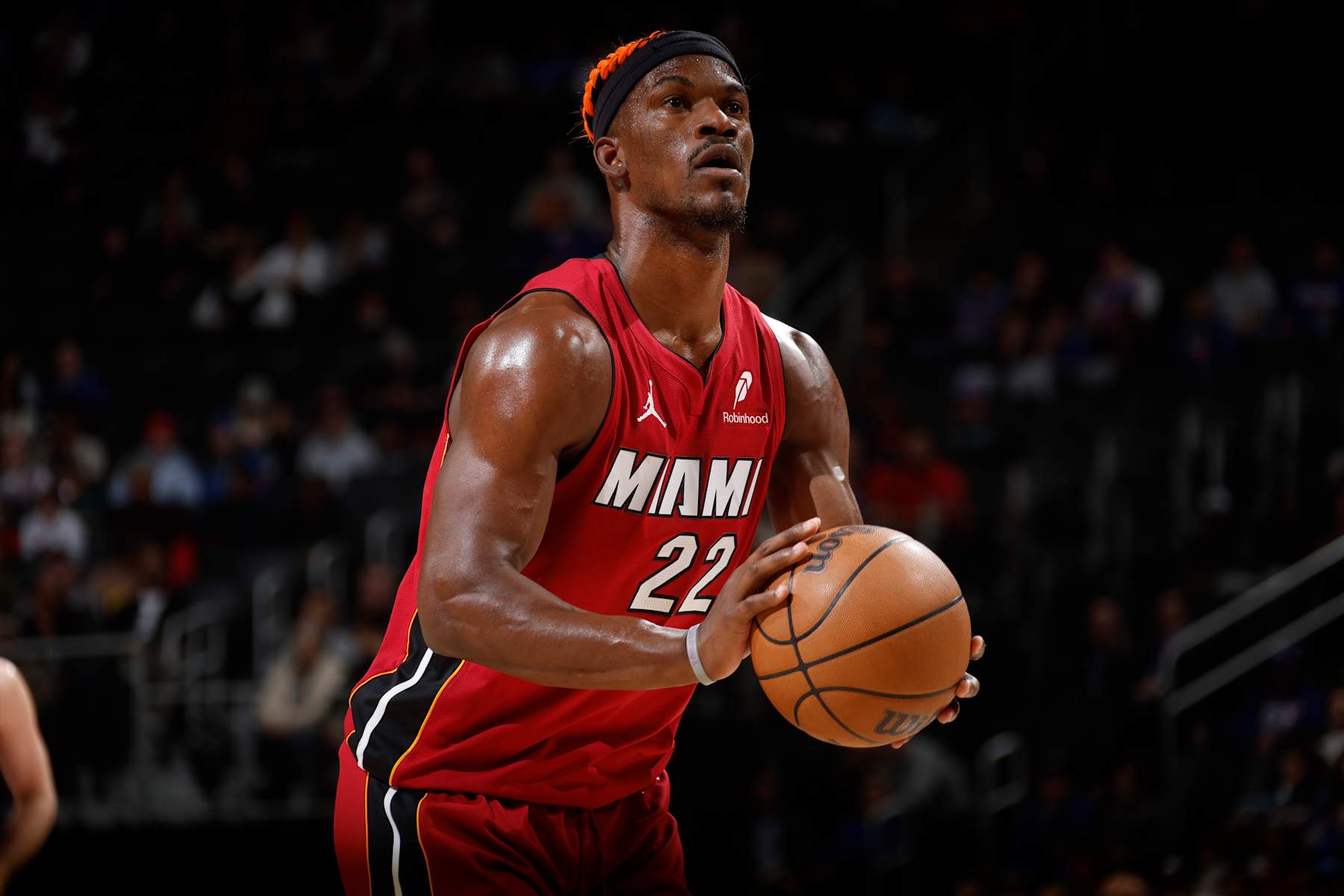 DETROIT, MI - DECEMBER 16: Jimmy Butler #22 of the Miami Heat shoots a free throw during the game against the Detroit Pistons on December 16, 2024 at Little Caesars Arena in Detroit, Michigan. NOTE TO USER: User expressly acknowledges and agrees that, by downloading and/or using this photograph, User is consenting to the terms and conditions of the Getty Images License Agreement. Mandatory Copyright Notice: Copyright 2024 NBAE (Photo by Brian Sevald/NBAE via Getty Images)