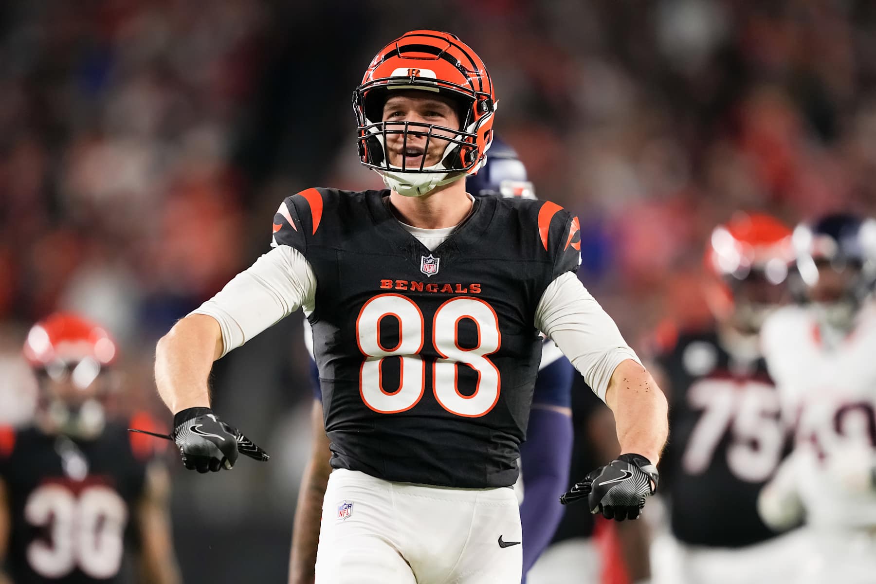 CINCINNATI, OHIO - DECEMBER 28: Mike Gesicki #88 of the Cincinnati Bengals celebrates in the third quarter against the Denver Broncos at Paycor Stadium on December 28, 2024 in Cincinnati, Ohio. (Photo by Dylan Buell/Getty Images)