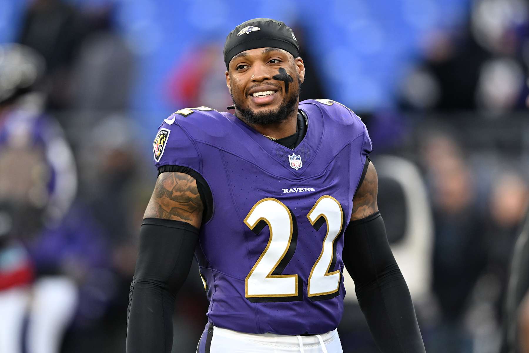 BALTIMORE, MARYLAND - JANUARY 04: Derrick Henry #22 of the Baltimore Ravens looks on before the game against the Cleveland Browns at M&T Bank Stadium on January 04, 2025 in Baltimore, Maryland. (Photo by Greg Fiume/Getty Images)