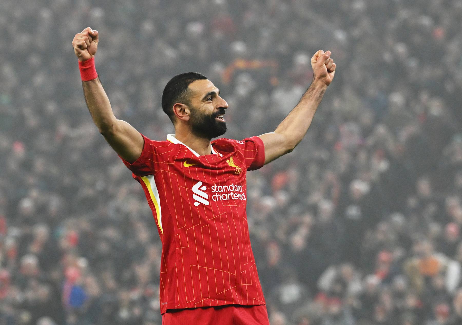 LIVERPOOL, ENGLAND - DECEMBER 26: (THE SUN OUT, THE SUN ON SUNDAY OUT) Mohamed Salah of Liverpool celebrates scoring his team's third goal during the Premier League match between Liverpool FC and Leicester City FC at Anfield on December 26, 2024 in Liverpool, England. (Photo by Liverpool FC/Liverpool FC via Getty Images)