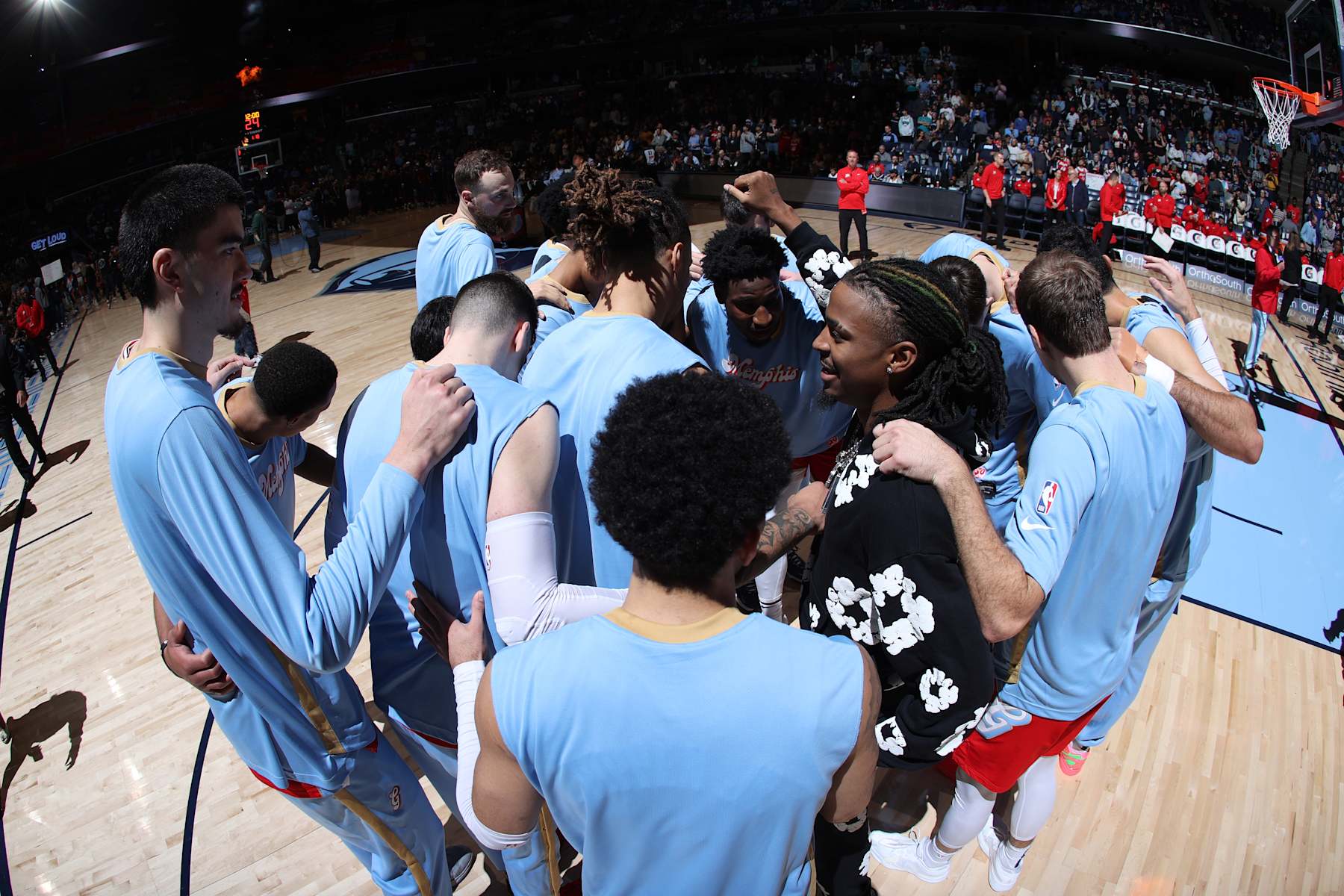 MEMPHIS, TN - NOVEMBER 17: Memphis Grizzlies huddle up before the game against the Denver Nuggets on November 17, 2024 at FedExForum in Memphis, Tennessee. NOTE TO USER: User expressly acknowledges and agrees that, by downloading and or using this photograph, User is consenting to the terms and conditions of the Getty Images License Agreement. Mandatory Copyright Notice: Copyright 2024 NBAE (Photo by Joe Murphy/NBAE via Getty Images)